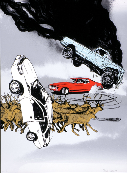 Surreal silkscreen composition depicting three automobiles in various states of wreckage positioned on a rocky, tan-colored formation against a gray sky. A white car tilts precariously on the left, a red sedan sits grounded in the center, and a light blue truck appears to fall or tumble from above, with bold black brushwork suggesting movement and chaos throughout the composition.