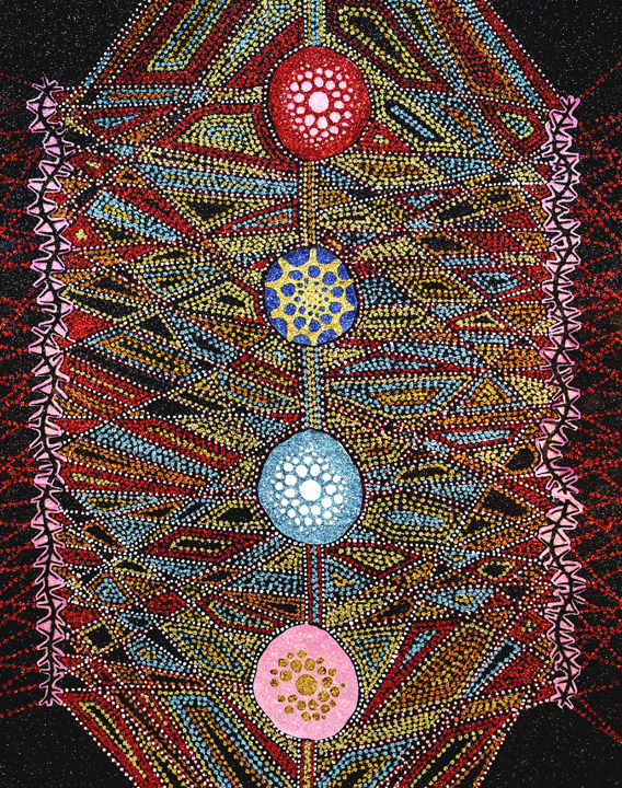 Symmetrical composition featuring four concentric circles in red, blue, light blue, and pink arranged vertically along a central axis, surrounded by intricate geometric patterns created with dotted lines in yellow, blue, red, and black. The entire work is framed by a border of small triangular shapes in pink and purple, set against a dark speckled background.