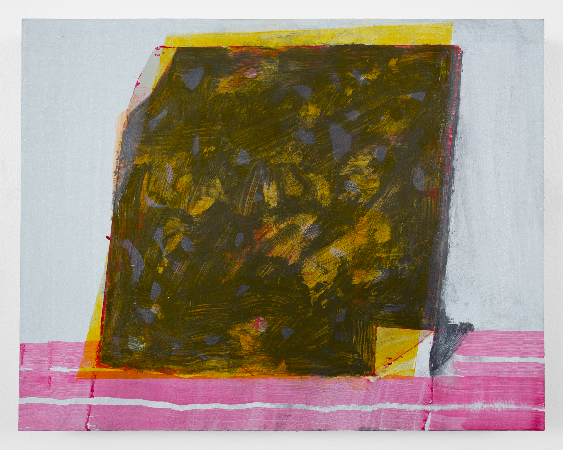 An abstract composition featuring a dark olive-green square with gestural brushstrokes and pale blue accents, positioned centrally and framed by a bright yellow border. The work sits above a bright magenta horizontal band that spans the lower portion of the canvas against a light gray background.