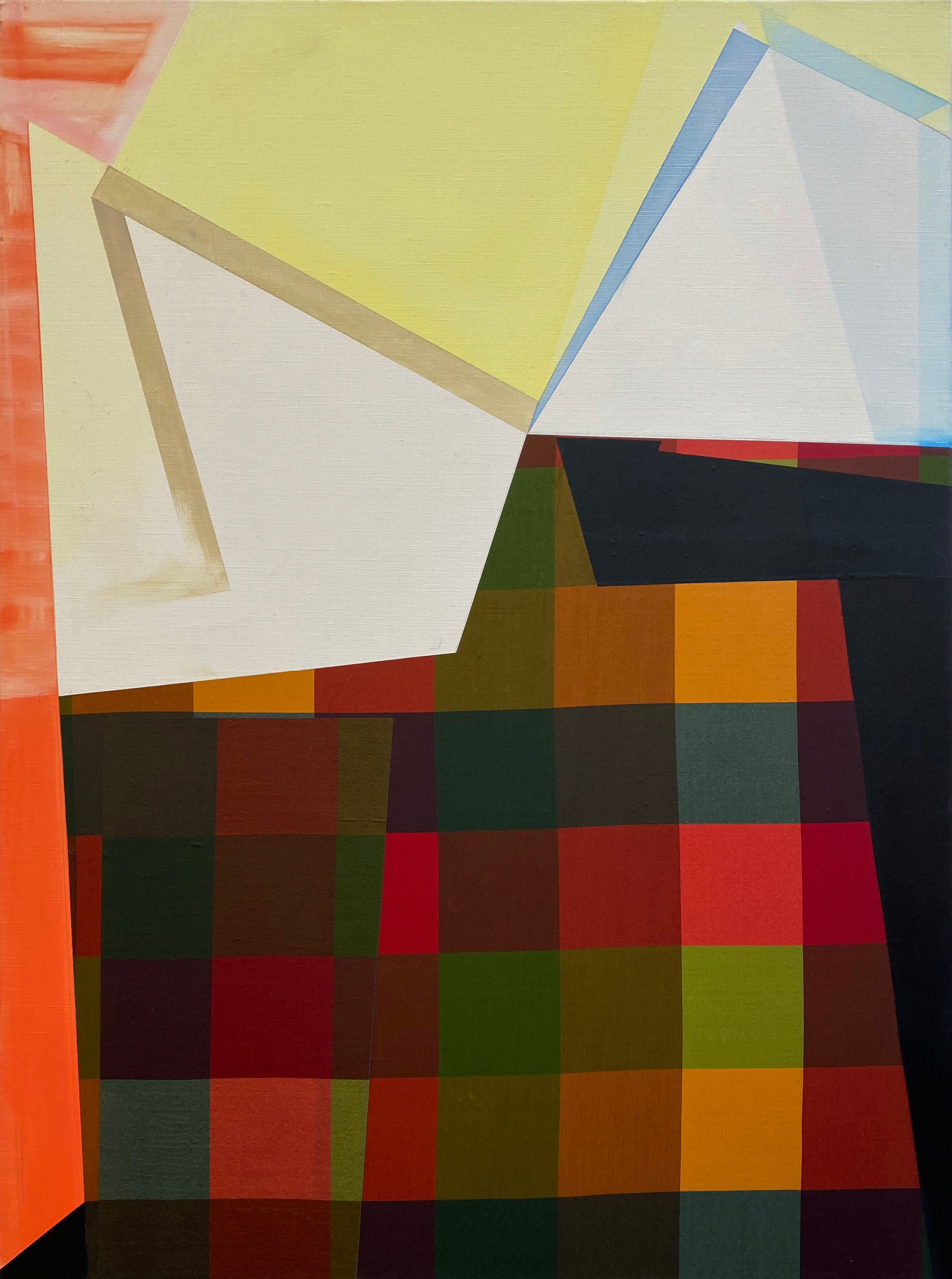 Abstract composition combining geometric forms with a vibrant color palette. White and pale geometric shapes overlap in the upper portion against a soft yellow background, while the lower half features a dense grid of multicolored squares in deep reds, greens, blacks, oranges, and earth tones, creating a striking contrast between the minimalist upper section and the richly patterned lower area.