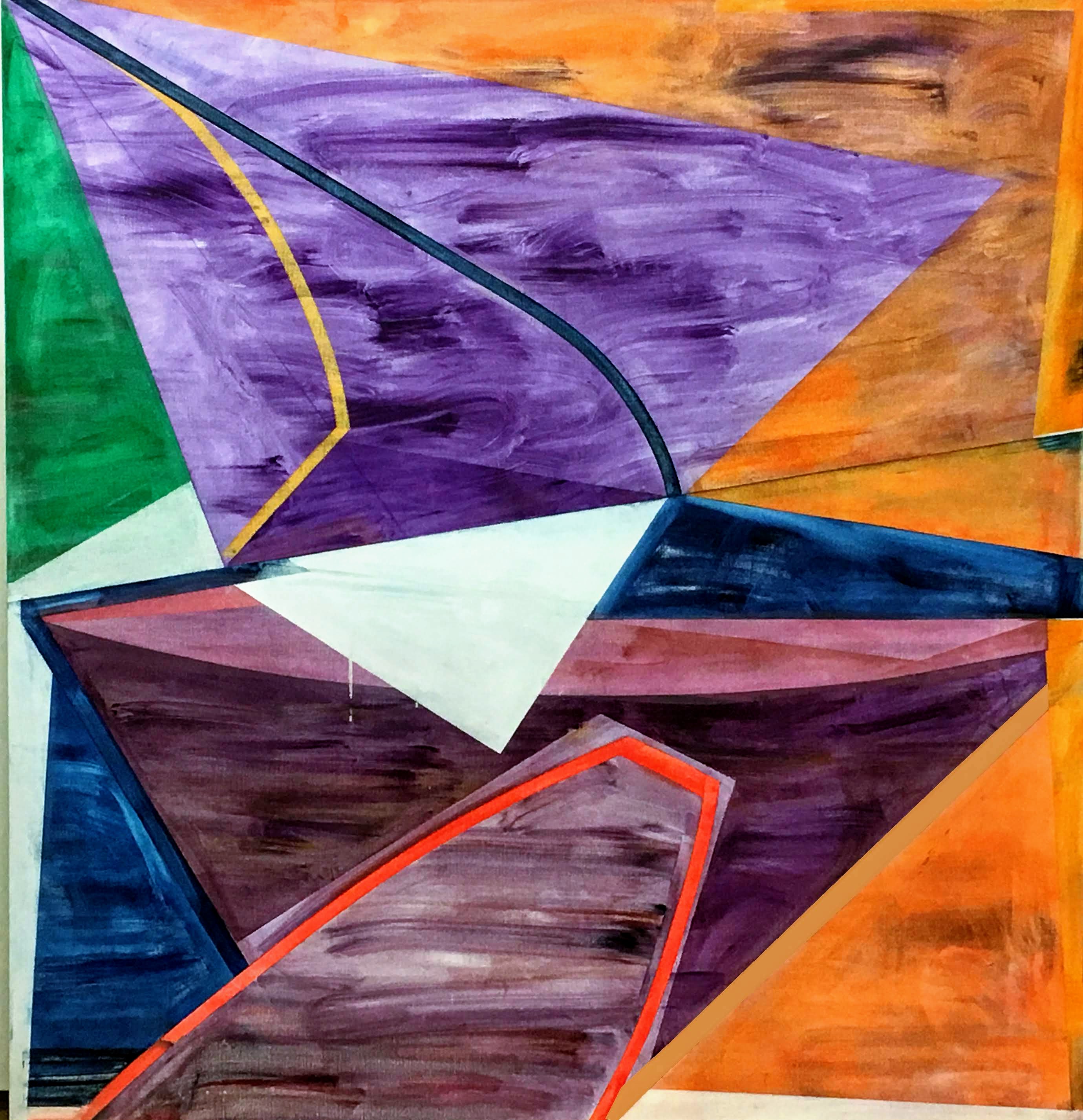 Abstract geometric composition featuring overlapping angular shapes in vibrant colors including purple, orange, green, and blue, with bold dark outlines and a white triangular form in the center. The painterly style creates a dynamic sense of movement and depth through layered planes and contrasting hues.