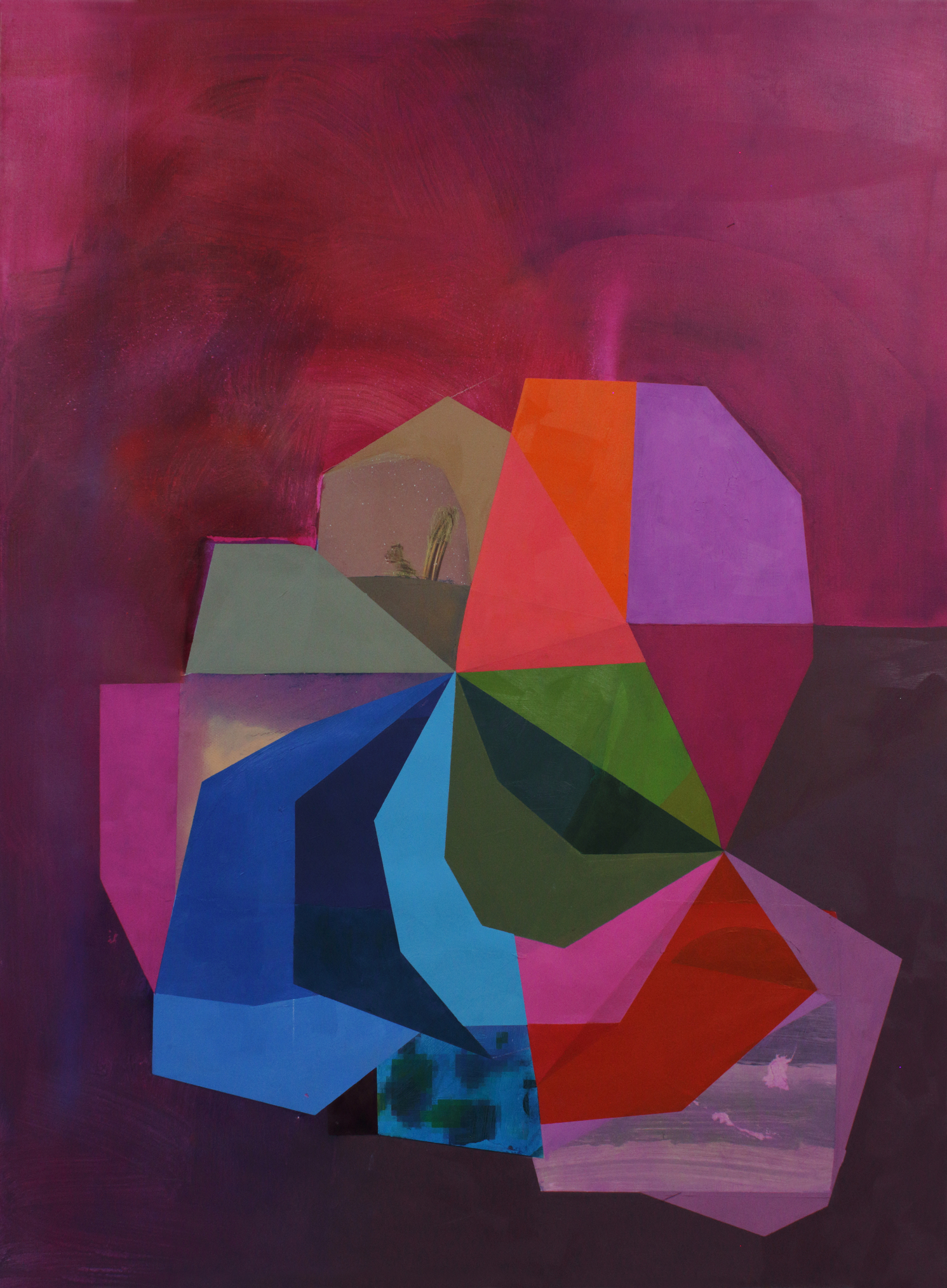 Abstract geometric composition featuring a fragmented, multi-colored form constructed of overlapping polygonal shapes in vibrant hues including magenta, blue, red, orange, green, and purple against a deep burgundy background with subtle textured variations.
