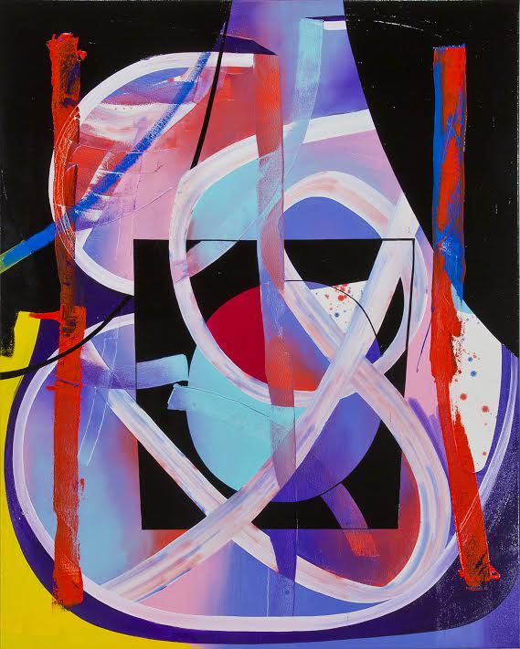 Abstract composition featuring interlocking white curved forms against a black background, layered with translucent passages of pink, blue, purple, and red. Bold red vertical strokes and yellow accent marks frame the composition, creating dynamic movement across the canvas.