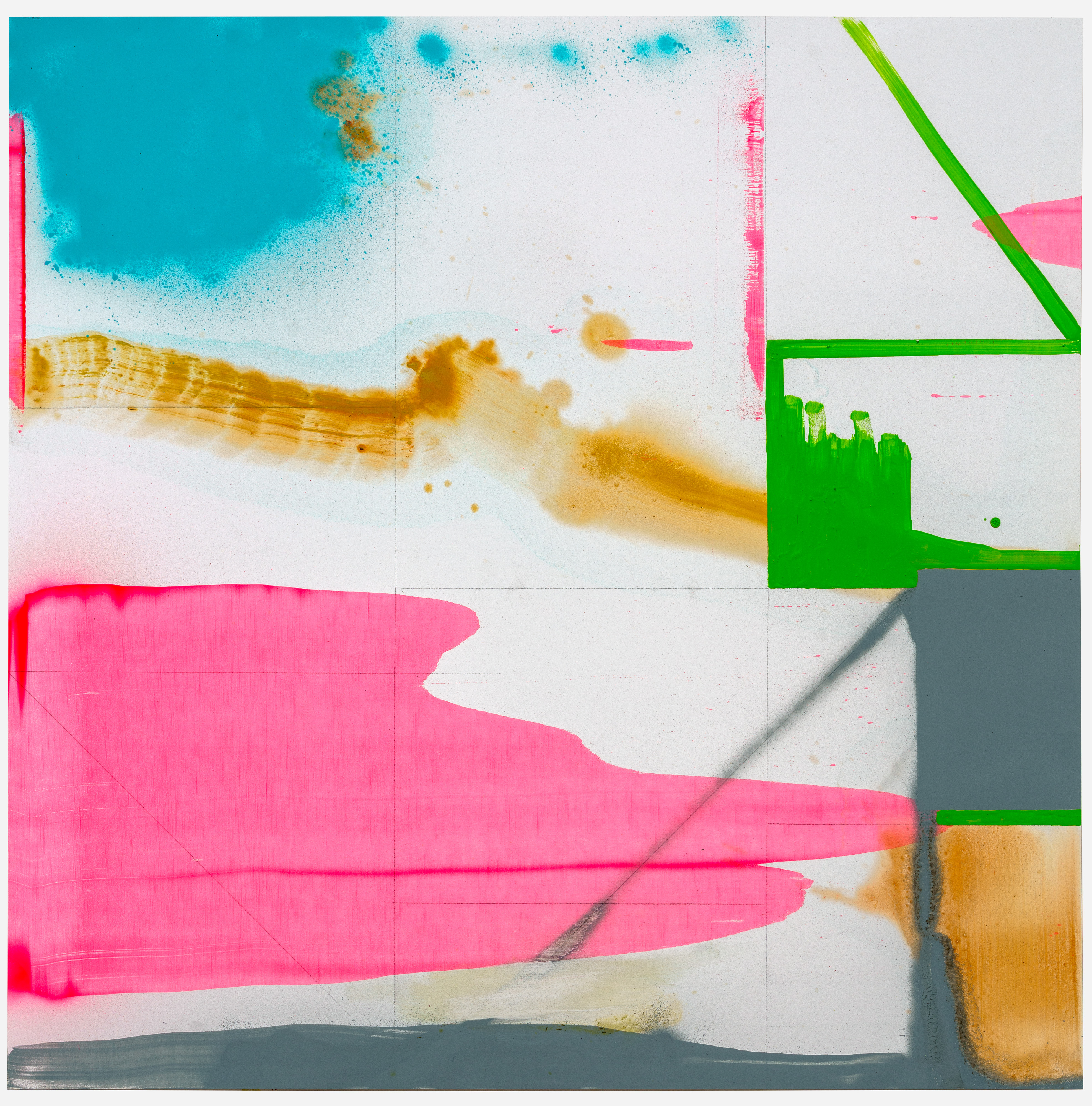 Abstract composition on white ground featuring bold geometric shapes and gestural marks in vibrant pink, turquoise, and yellow-gold, with charcoal gray accents and delicate pencil lines creating a dynamic interplay between controlled forms and fluid, organic paint drips and washes.