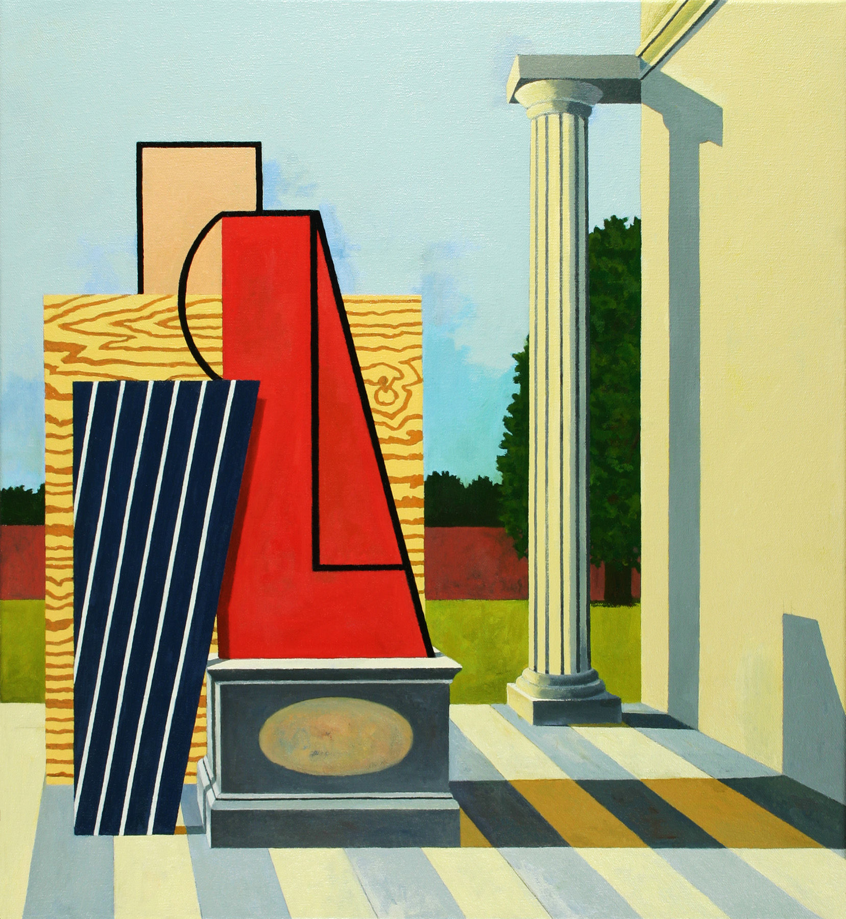 A geometric composition featuring classical and industrial elements arranged in an interior space. A fluted column stands beside abstracted architectural forms rendered in bold primary colors—red, navy blue, and natural wood tones—alongside a striped pedestal and simplified landscape elements visible through an opening, all unified by a checkered floor in muted yellows and grays.