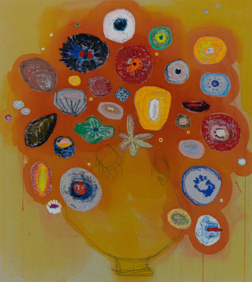 A stylized vase rendered in yellow and orange tones contains an abstract arrangement of circular forms in varying sizes, featuring textured surfaces in blues, reds, greens, and whites with central dots suggesting eyes or flower centers. Simple line drawings of stems and a flower extend from the composition against a warm gradient background that shifts from orange to yellow.