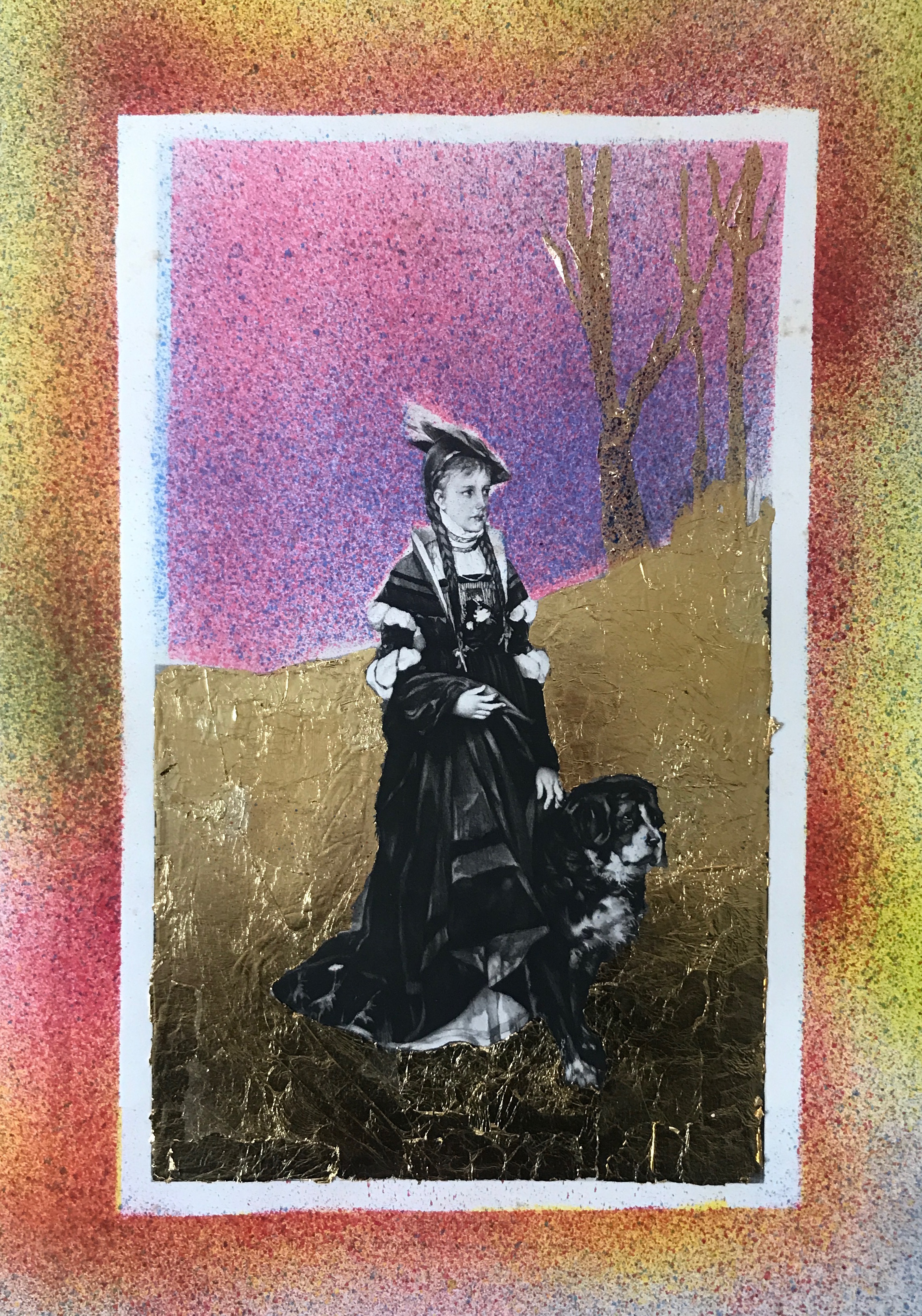 A black and white engraved portrait of a woman in Victorian dress with a hat, standing beside a dark dog, set against a vibrant background of pink and gold leaf. The classical figure is overlaid with metallic materials creating a striking contrast between the monochromatic subject and the richly colored, textured surrounds.