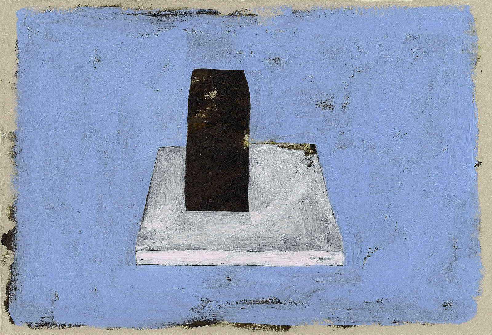 A black rectangular form rises from a white pedestal against a periwinkle blue background. The painting employs matte and reflective surfaces, with visible brushwork and subtle metallic accents that create depth across the composition.