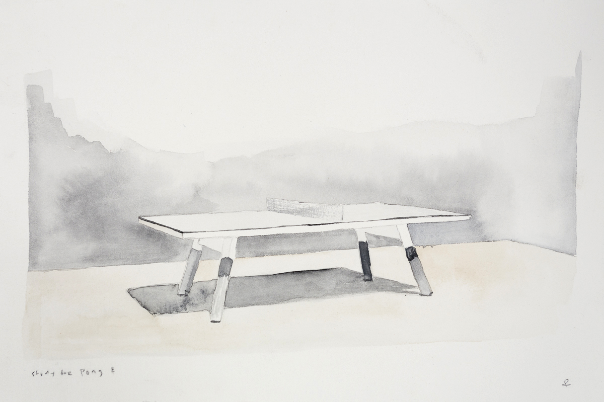 A minimalist watercolor sketch depicting a modernist table with a white rectangular top and angled legs set against a softly rendered interior space with gray walls and subtle architectural elements in the background.