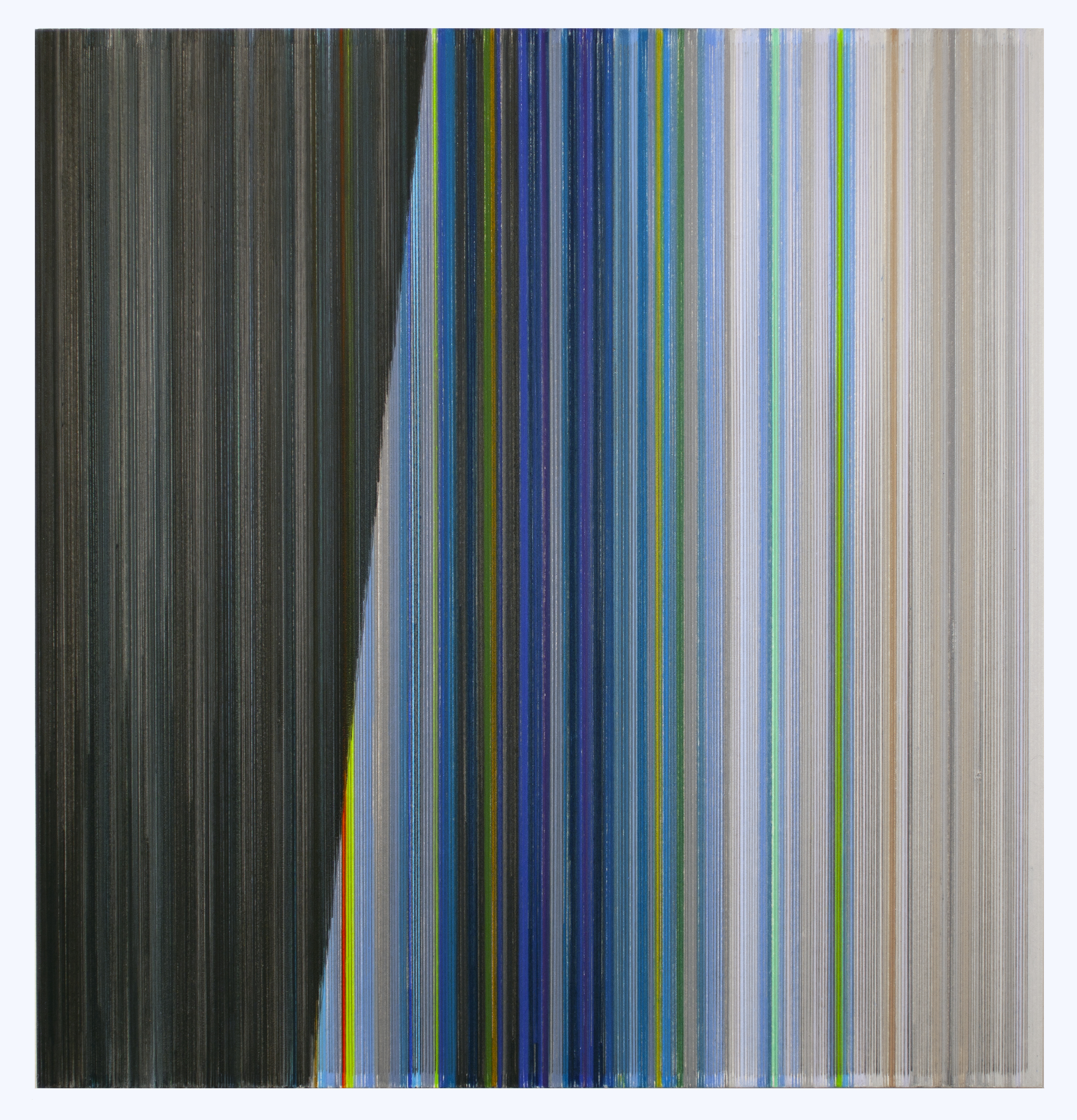Vertical stripes in varying widths transition from dark charcoal and muted tones on the left to vibrant blues, greens, and yellows in the center, then fade to pale neutrals on the right, creating a gradient effect across the composition.