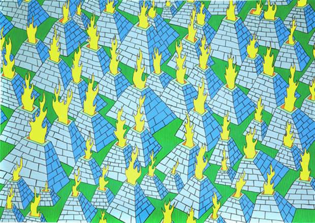Isometric illustration of a densely packed neighborhood of blue-roofed houses with yellow flames erupting from their chimneys, set against a green ground. The repeating geometric pattern creates a rhythmic composition rendered in bright gouache and ink.