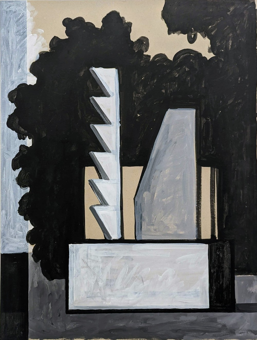 Abstract composition featuring bold black organic forms with sculptural qualities against a neutral background. White and gray geometric shapes, including stepped elements and rectangular forms, create a stark contrast with the dark, textured areas that dominate the upper portion of the canvas.