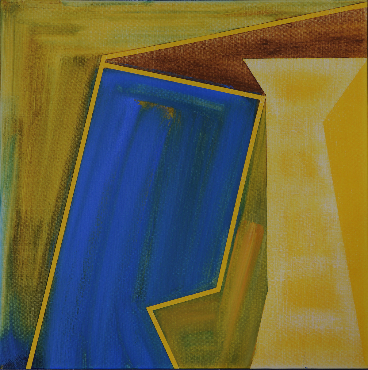 Abstract geometric composition featuring overlapping angular shapes with a bold blue rectangle outlined in yellow at center, surrounded by warm ochre, olive, and cream-colored planes. The work employs a restrained color palette and simplified forms that create a sense of spatial depth and dimensional layering.
