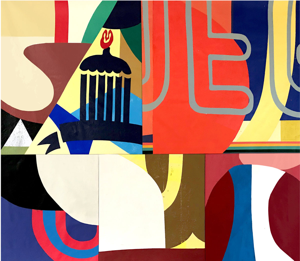 Abstract geometric composition featuring bold primary colors—red, blue, yellow, and black—with overlapping angular and curved shapes. The fragmented design includes stylized figurative elements, including a profile of a face with a distinctive crown-like headdress, arranged across the canvas in a dynamic, layered arrangement.