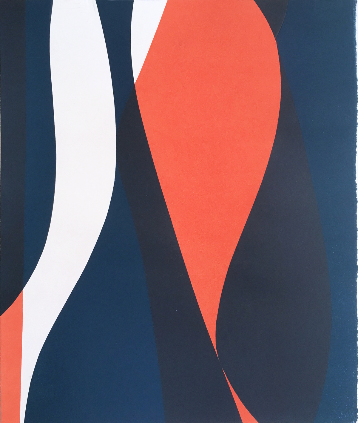 Abstract relief print featuring bold geometric shapes in coral red, white, and navy blue against a dark teal background. Curved and angular forms create a dynamic composition with strong contrast and layered depth.