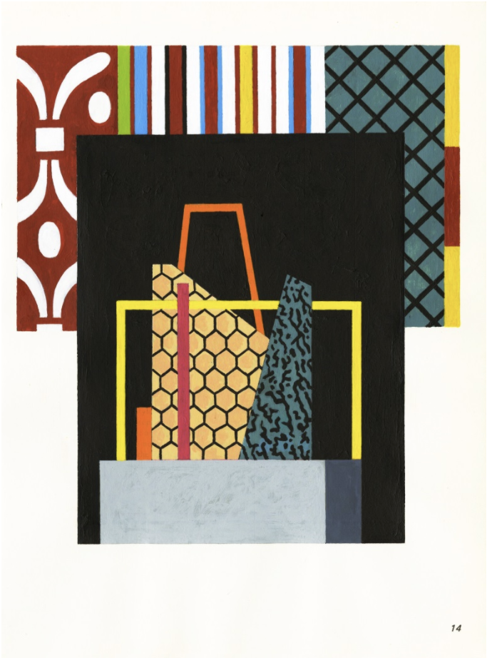 Abstract geometric composition featuring a stylized shelf against a black background, bordered by a yellow frame. The shelf displays layered patterned forms in ochre, coral, teal, and blue tones, topped with an orange trapezoid. Decorative patterned panels in burgundy, striped, and latticed designs frame the composition on the upper left and right.