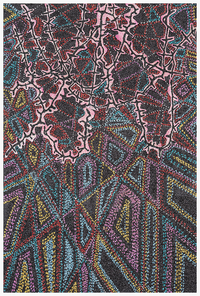 Abstract composition featuring interlocking pink chain-like forms outlined in white against a densely textured dark background. The lower half transitions into radiating vertical patterns in cyan, yellow, purple, and red, all rendered with shimmering glitter that creates a luminous, fragmented surface across the entire work.
