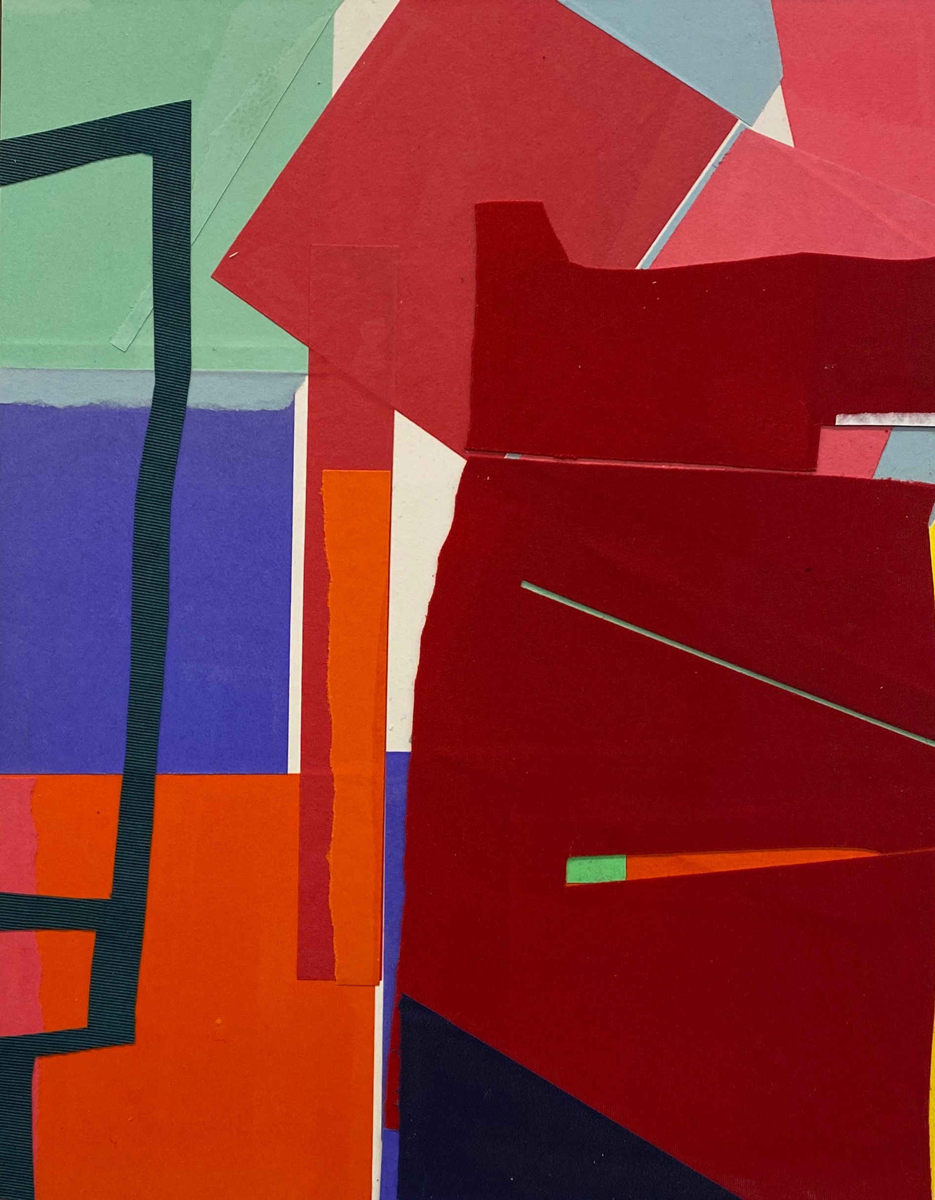 Abstract composition of layered geometric shapes in vibrant colors including red, orange, blue, green, and cream, with dark linear elements creating visual divisions across the surface. The work combines flat color fields with dimensional paper and fabric elements that create shadow and depth.
