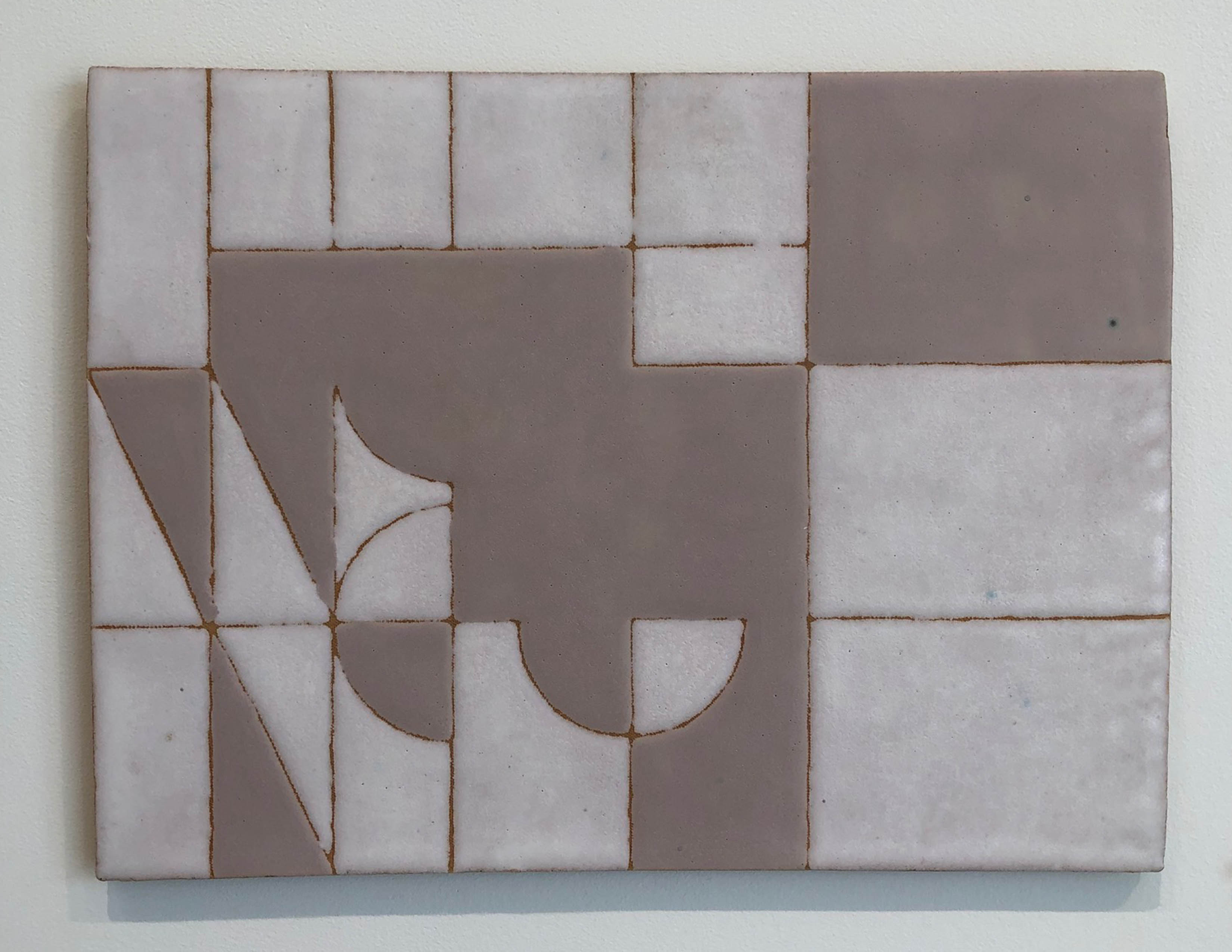 A ceramic tile panel featuring a grid of cream and brown tiles arranged in an irregular pattern. Curved linear incisions create geometric and organic shapes across the surface, forming abstract designs that span multiple tiles.