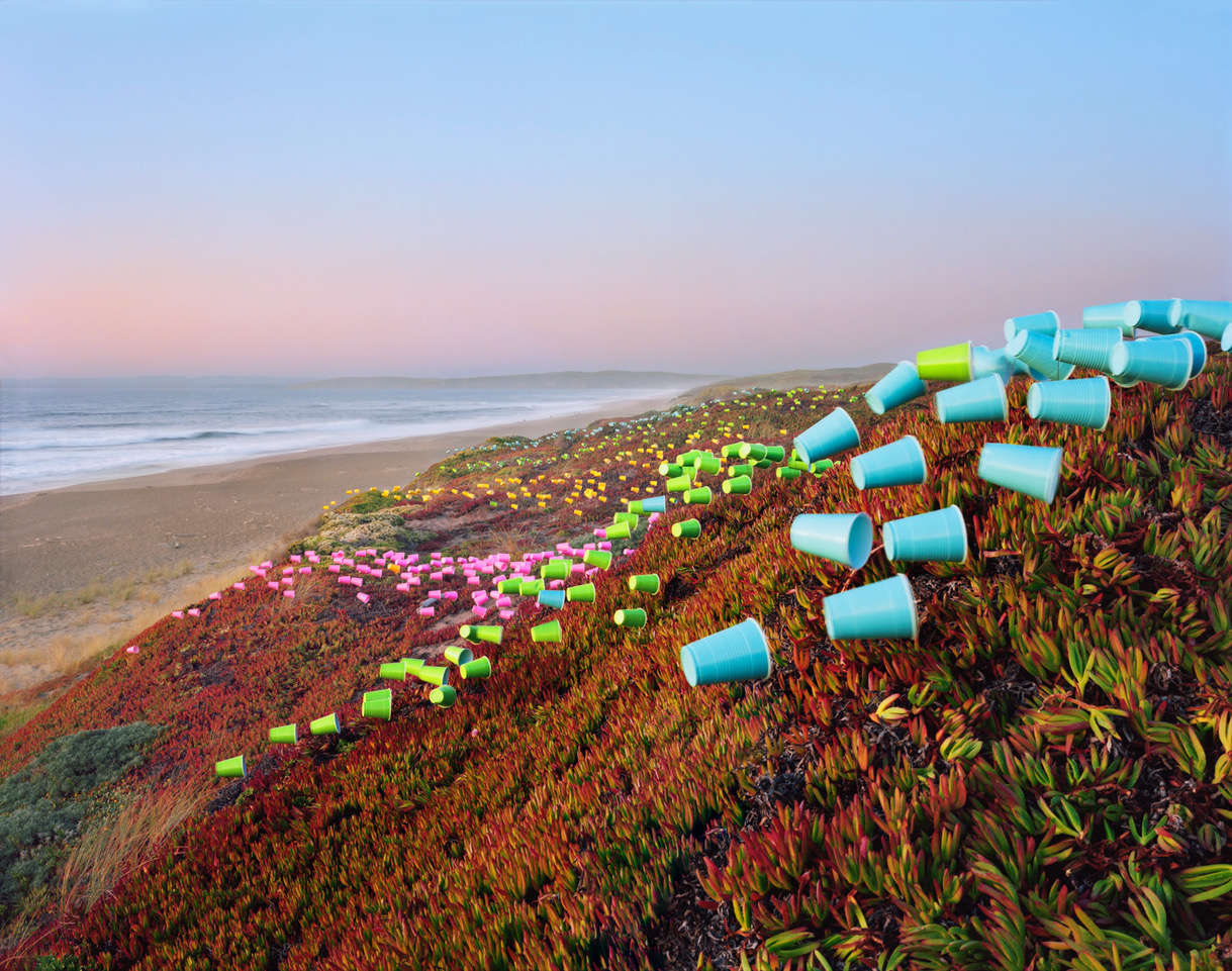 Colorful plastic cups arranged in geometric patterns across a coastal hillside covered in succulent vegetation, with a beach and ocean visible in the background at dusk.
