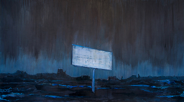 A solitary illuminated billboard stands against a dark, textured landscape under a stormy sky rendered in deep blues and blacks. Vertical streaking throughout the composition creates a sense of heavy rain or atmospheric turbulence.