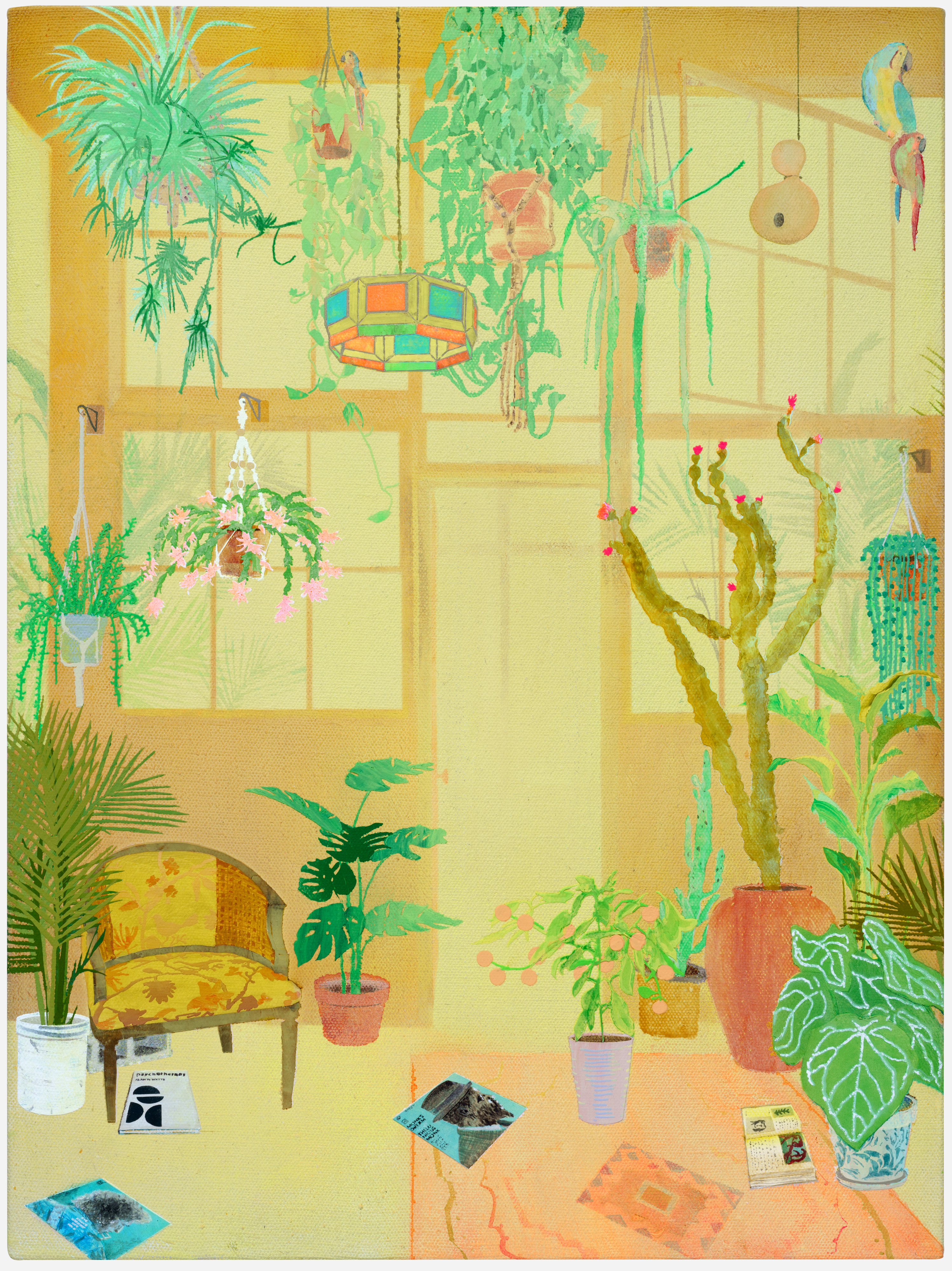 A warm, sunlit interior filled with potted plants, hanging greenery, and botanical illustrations in shades of green, yellow, and coral. A patterned yellow chair sits among various cacti, succulents, and flowering plants arranged throughout the room, with parrots and decorative objects suspended above, creating a lush, intimate domestic garden space.