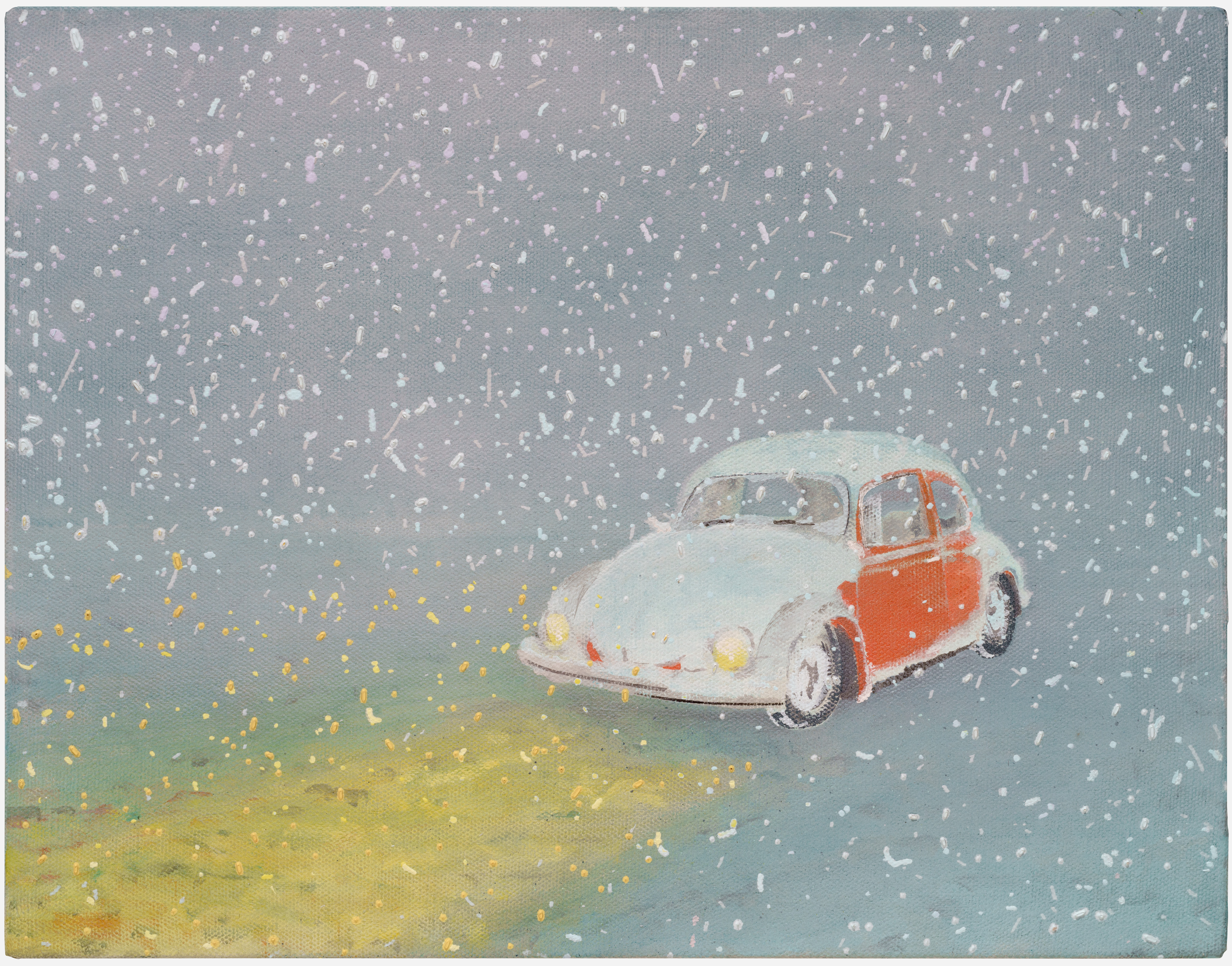 A vintage Volkswagen Beetle painted in red and white sits centered against a soft gray-blue background, its surface covered with falling white particles suggesting snow or rain. Yellow and golden tones bloom in the lower left corner, creating an atmospheric contrast to the cool palette dominating the composition.