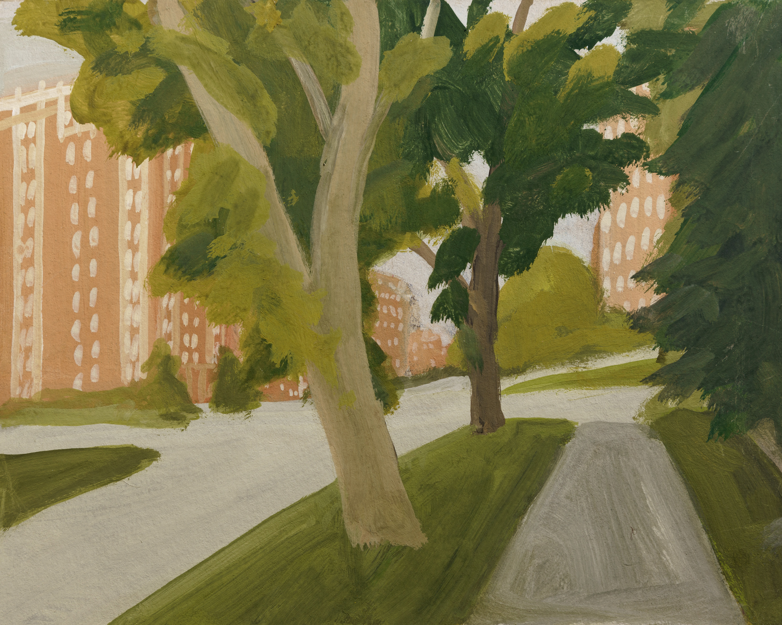 A tree-lined urban pathway rendered in muted greens and earth tones, with residential brick buildings glimpsed through the canopy on either side. The composition features prominent tree trunks in the foreground and soft, gestural brushwork characteristic of tempera and wax painting.