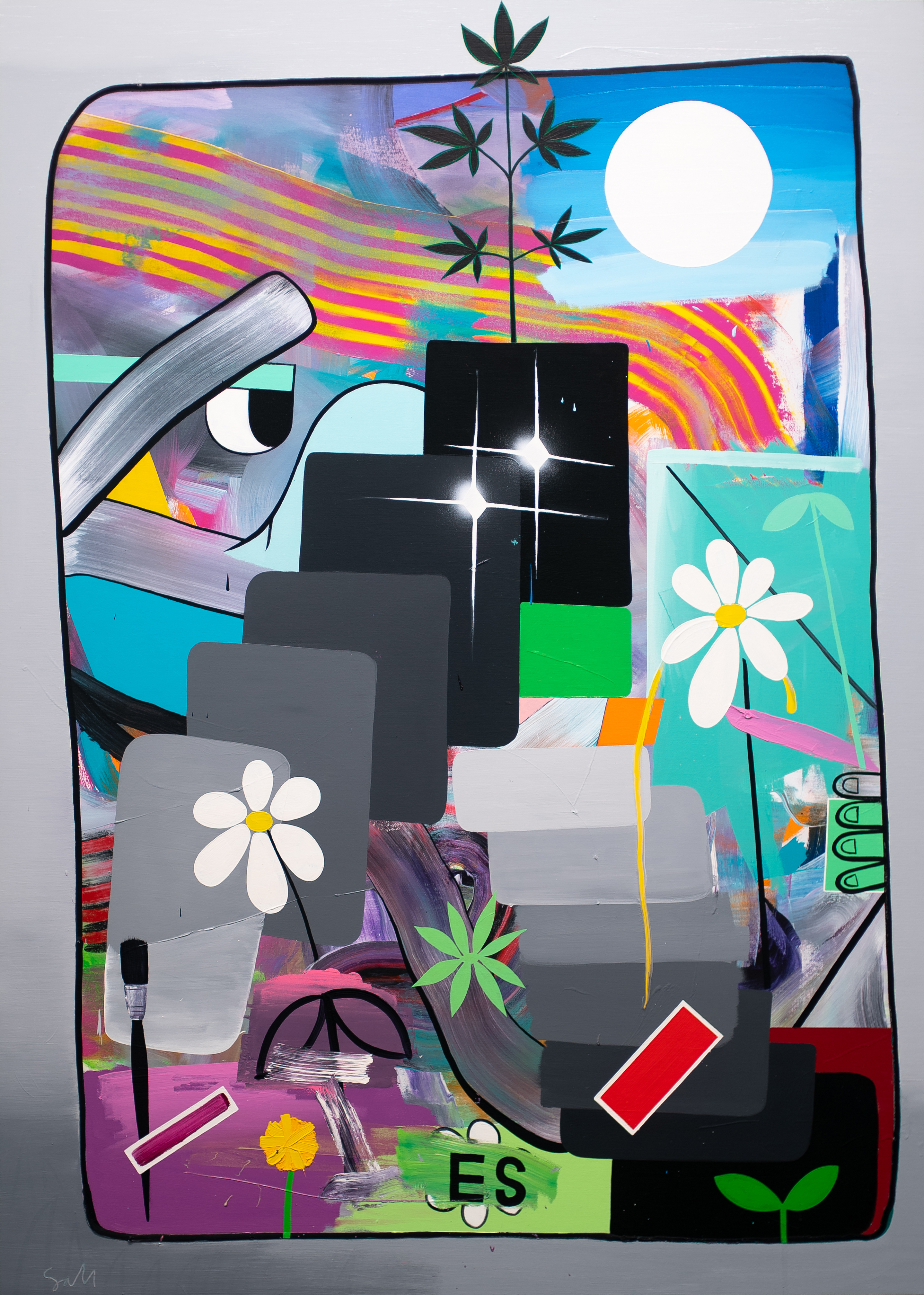 A vibrant mixed-media composition featuring layered geometric and organic forms in bold colors including magenta, cyan, yellow, and black. White flowers with yellow centers and stylized plant motifs are scattered throughout, while a large white circle suggests a moon in the upper right. An abstract face with a single eye appears on the left side amid radiating stripes and dynamic brushstrokes, set against a background of overlapping rectangles and architectural elements.