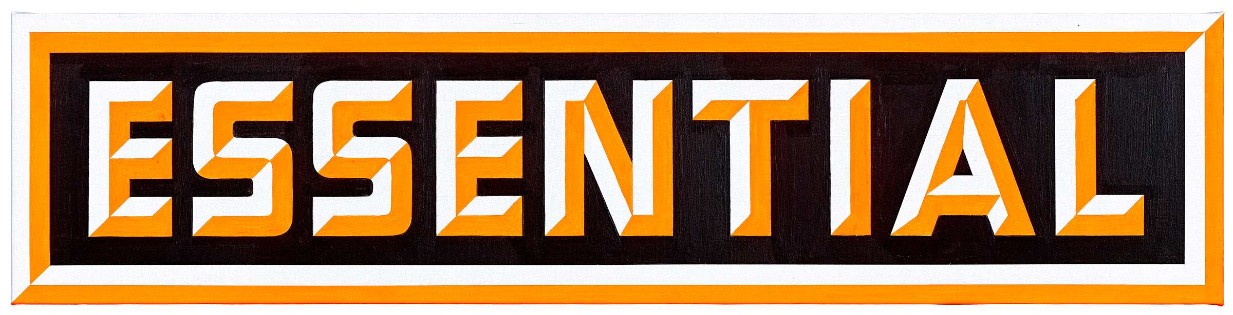 Bold typography displays a single word in white and orange lettering against a black background, framed by a thick orange border. The geometric, block-letter style creates a striking graphic composition with strong contrast and dimensional depth.