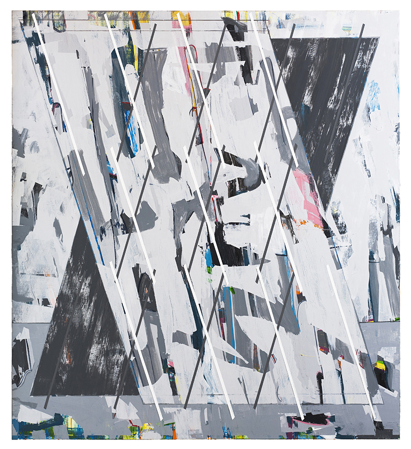 Abstract composition featuring intersecting white lines and geometric shapes layered over a predominantly white and gray ground, with bold dark charcoal and black brushstrokes creating depth and movement. Scattered accents of color—blue, pink, yellow, and green—punctuate the composition throughout.