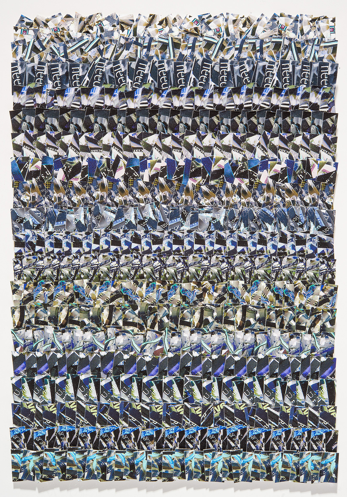 A grid-based composition of repeated printed fragments arranged in horizontal rows, featuring fragmented imagery in shades of blue, black, white, and gold. The layered, collaged appearance creates a dense, rhythmic pattern across the entire rectangular surface.