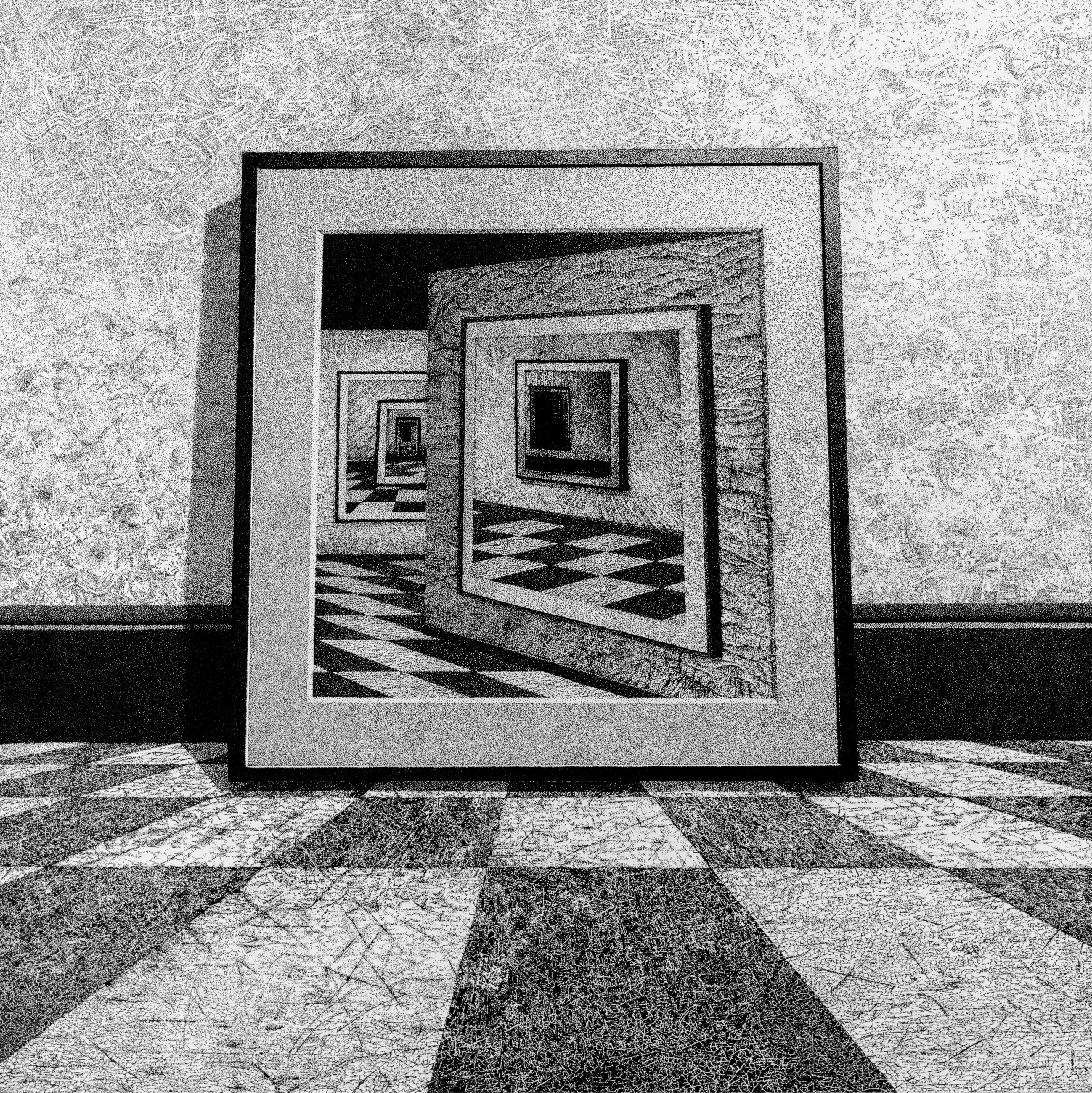 Black and white ink drawing depicting nested rectangular doorways and corridors receding into depth, with a checkered floor pattern in the foreground. The composition uses precise linear perspective and cross-hatching to create a sense of infinite spatial recession through framed architectural passages.