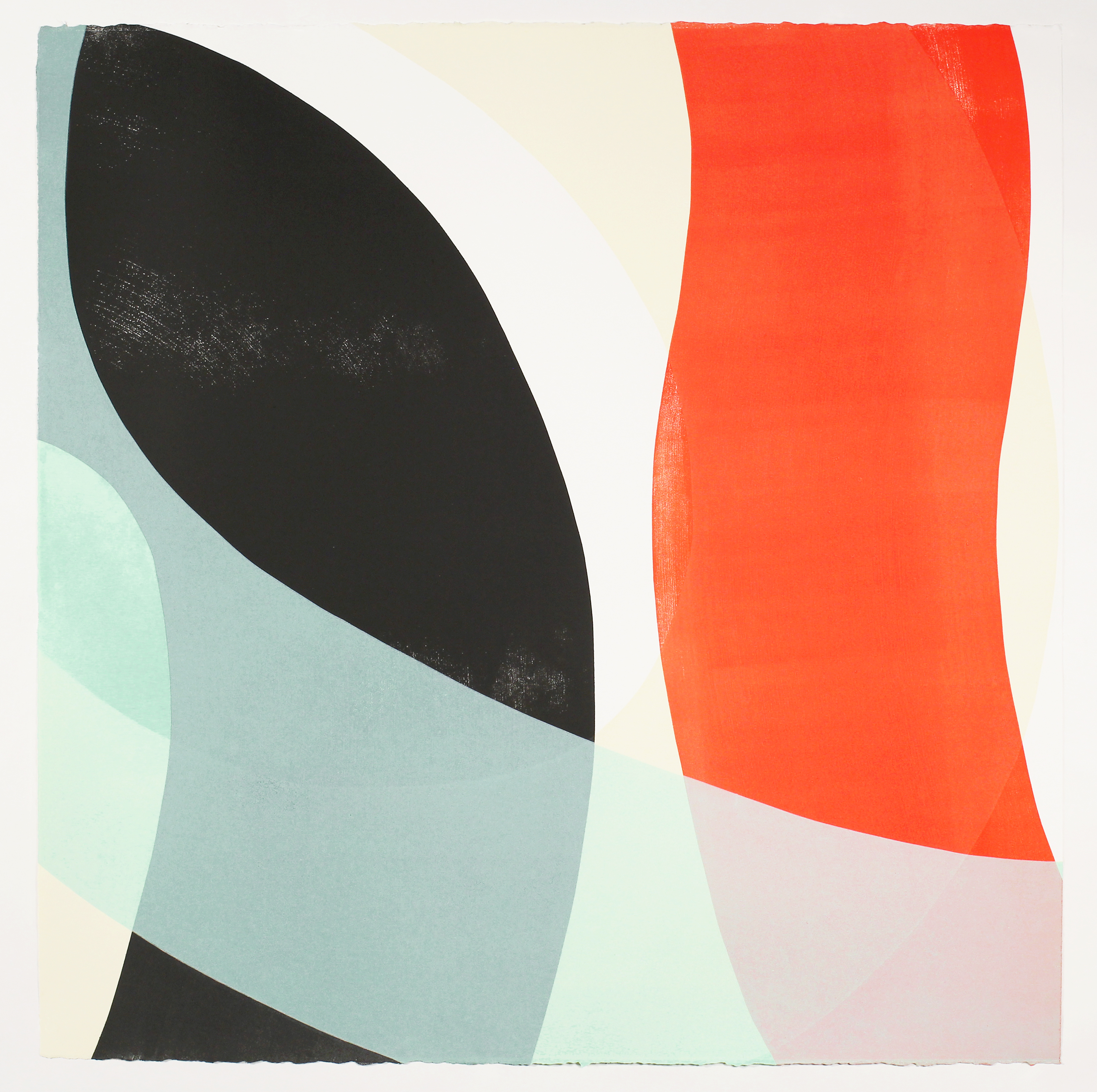 Abstract composition featuring two vertical curved forms in contrasting colors: the left side combines pale blue and mint green sections with a large black oval shape, while the right side displays a vibrant red-orange curved form above a soft pink base. The work exhibits a textured, layered quality with visible brushwork and subtle surface variations against a cream-colored background.