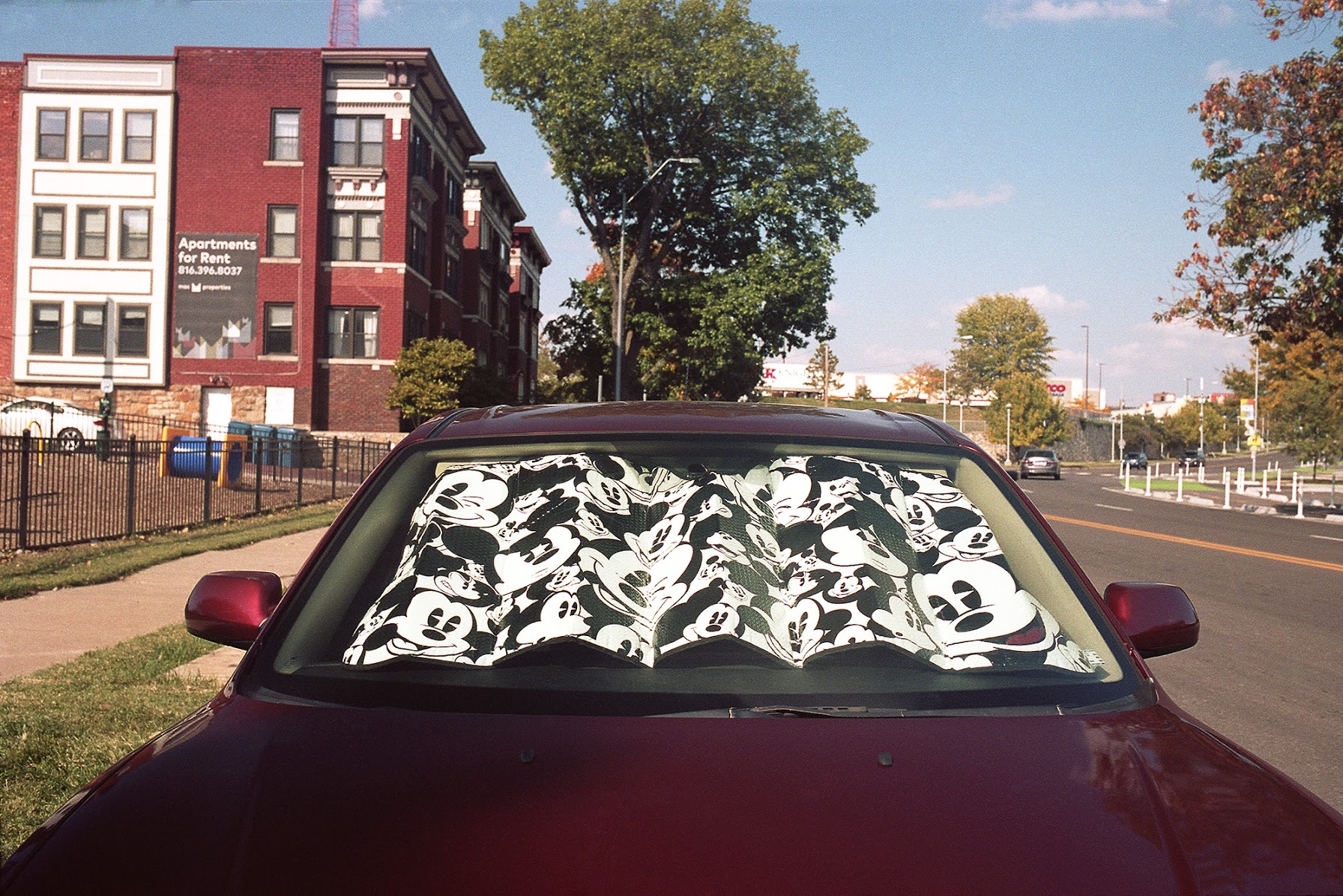 A maroon car parked on an urban street displays a sun shade in its windshield featuring a densely packed pattern of black and white cartoon character faces. Red brick apartment buildings line the street behind the vehicle, with autumn trees and a clear sky visible in the composition.