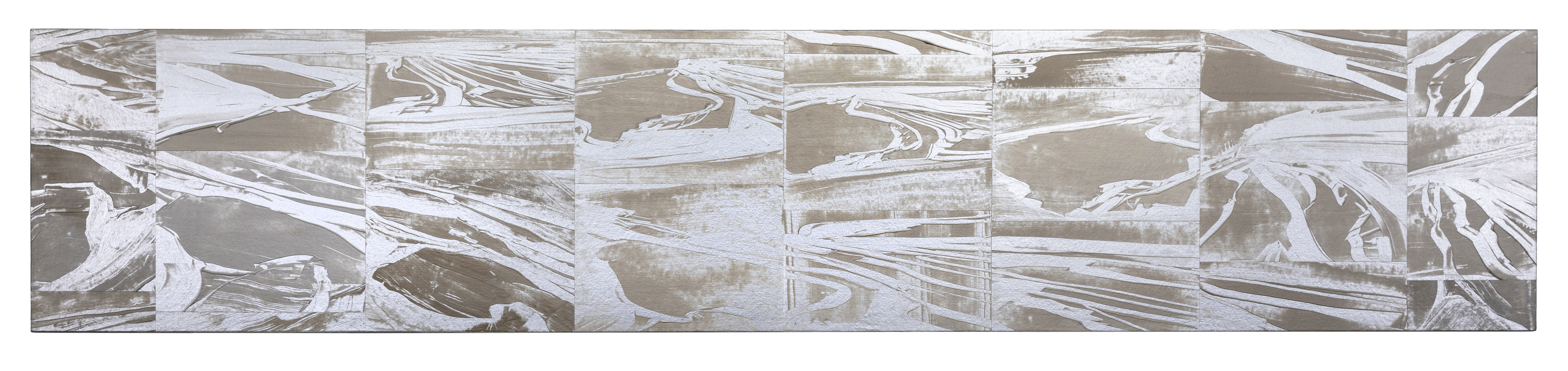 A horizontal composition of eight adjoining rectangular panels featuring abstracted landscape forms in muted earth tones and whites. Layered brushstrokes and gestural marks create flowing, organic shapes suggesting water, sandbars, and aerial terrain, unified by a weathered, silvery surface quality throughout.