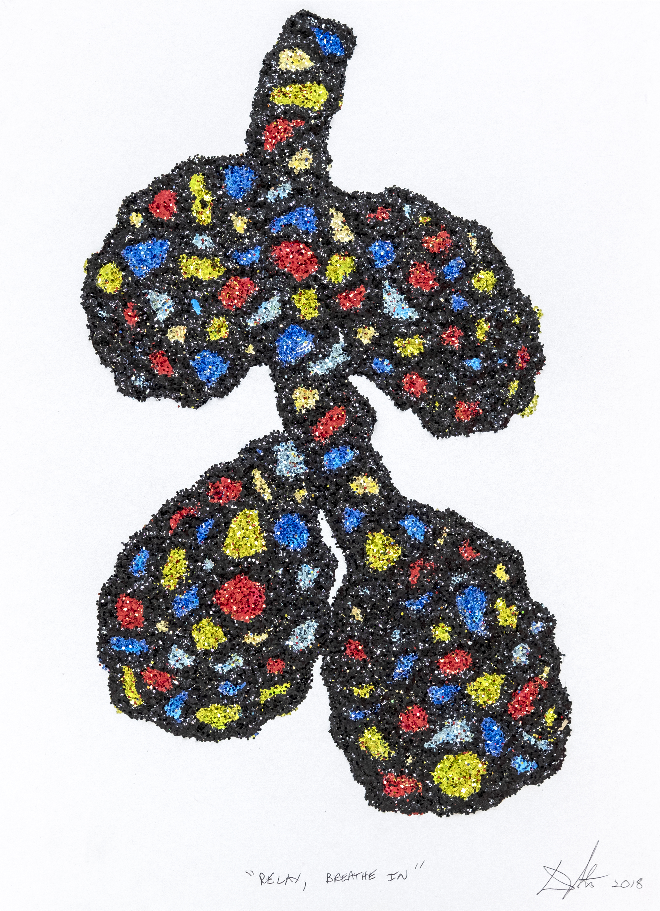 A stylized lung illustration composed of black granular material studded with vibrant clusters of glitter in yellow, blue, red, and light blue. The organic form features a central bronchial tube extending upward, with two lobes below, rendered in a textured, dimensional collage technique against a white background.