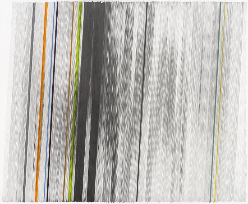 Densely layered vertical lines in graphite and colored pencil create an abstract composition, with thin streaks of orange, blue, green, and yellow punctuating the predominantly gray and white palette across the surface of mat board.