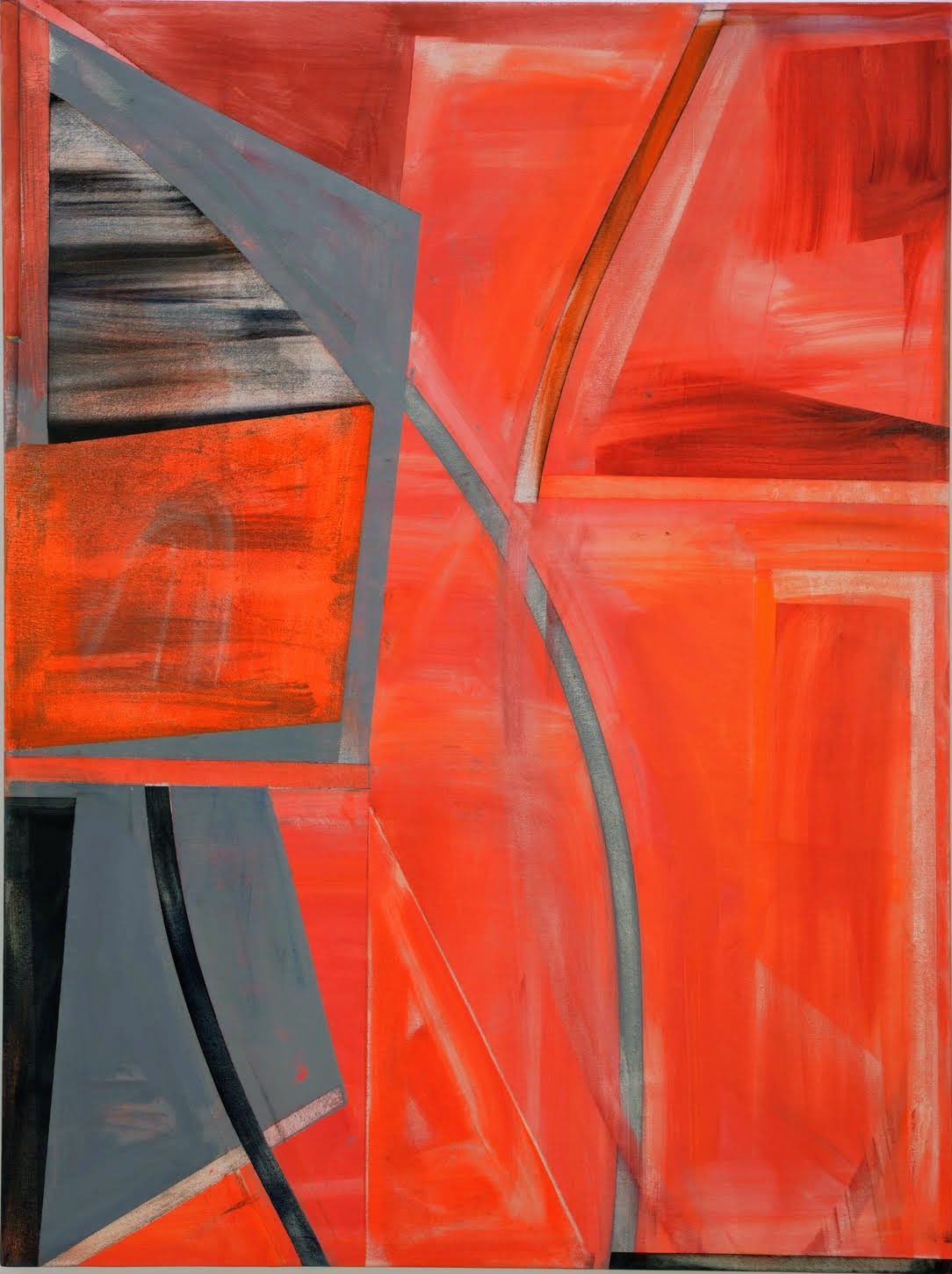 Abstract composition dominated by vibrant red and orange geometric forms layered across the canvas, with contrasting gray and dark elements creating depth and angular divisions throughout the work.