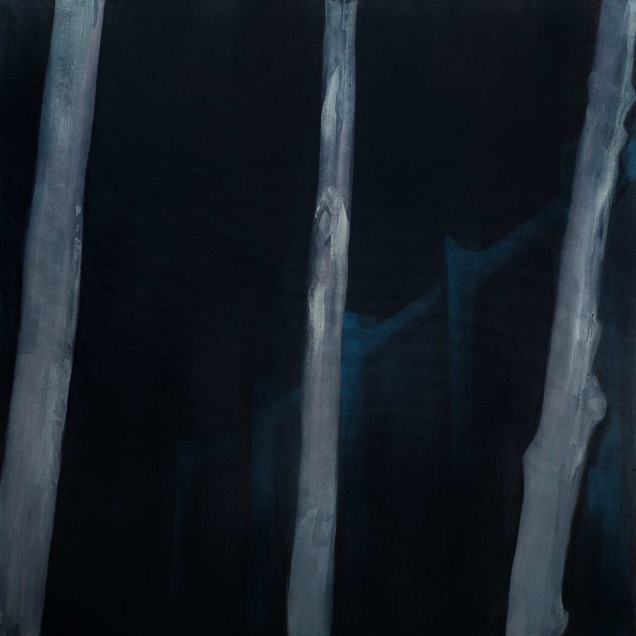 Three vertical gray-white forms resembling tree trunks or architectural elements divide the composition against a deep black background, with teal-blue tones emerging in the shadowed spaces between them. The painterly surfaces show gestural brushwork and subtle texture, creating an atmospheric, minimalist study in light and shadow.