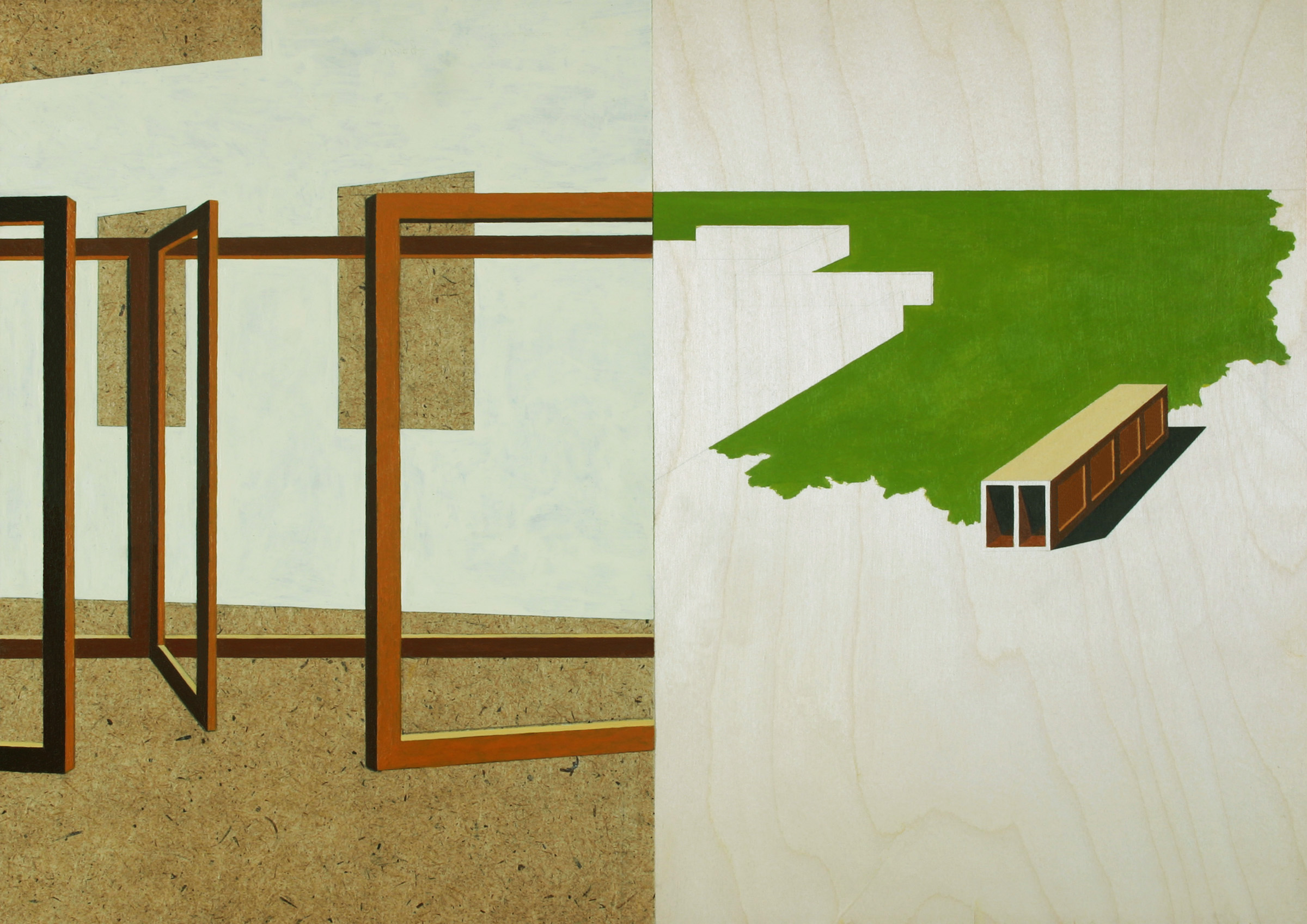 Abstract composition featuring wooden frames with cork and tan layers on the left side, connected by a horizontal line to a green silhouette of a landmass on the right with a small geometric building structure. The work uses acrylic on wood with a muted palette of greens, browns, and natural tones, creating a tension between geometric architectural forms and organic shapes.