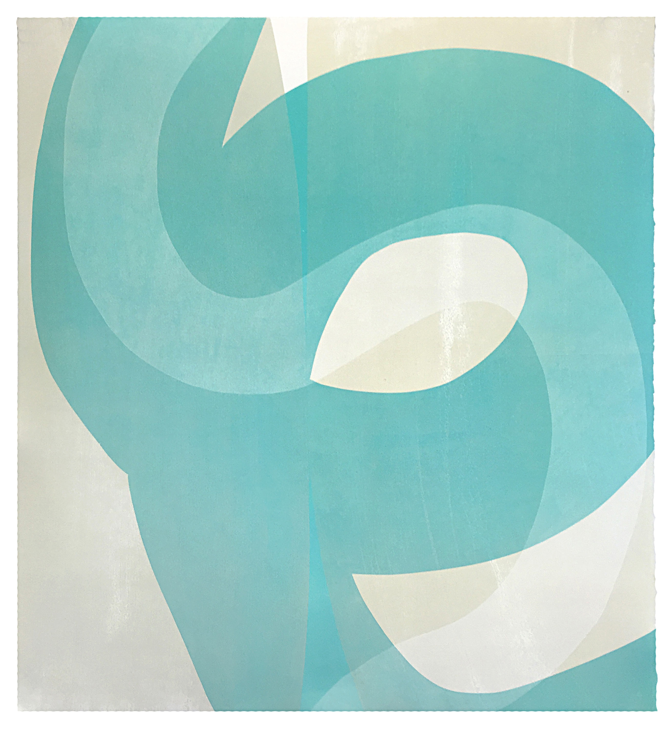 Abstract relief print featuring layered turquoise and teal curved forms that create a sense of depth and movement against a cream background. The composition uses organic, flowing shapes with subtle variations in tone to suggest dimensionality and interplay between positive and negative space.