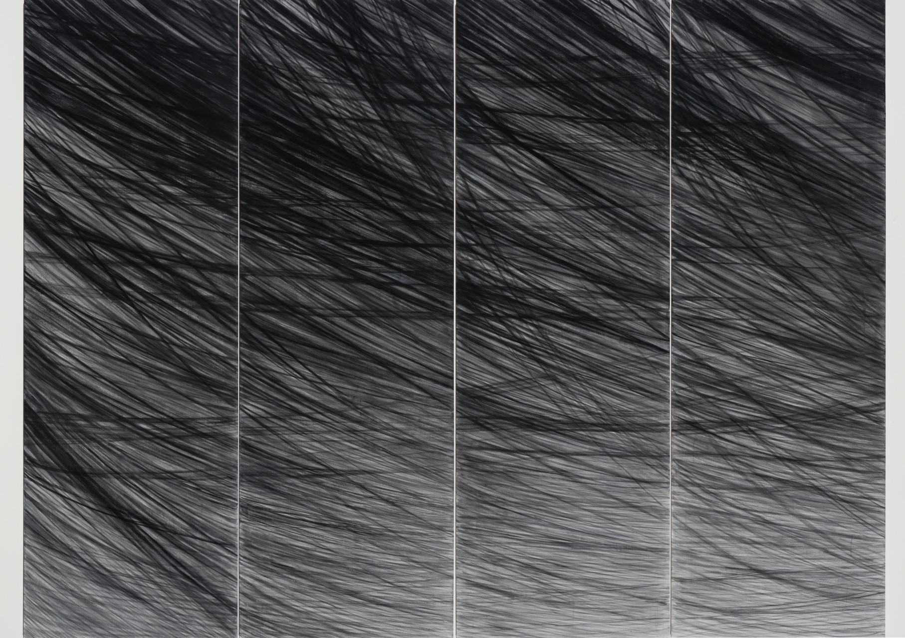 Four vertical panels with gestural black and gray acrylic brushstrokes creating a sense of dynamic motion and wind-like movement across the surface, transitioning from darker tones on the left to lighter grays on the right.