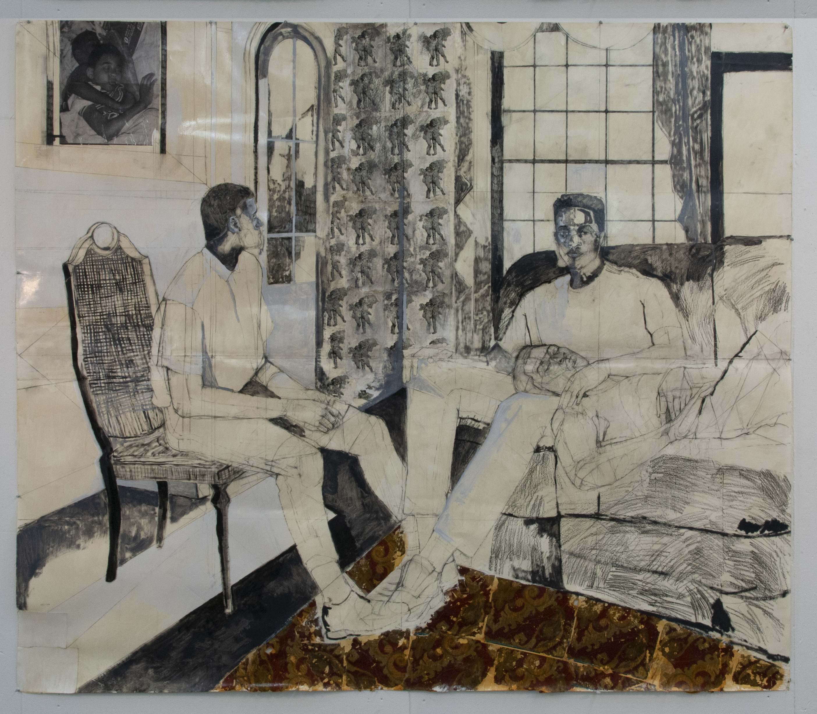 Two figures in an intimate interior scene rendered in charcoal and oil on paper. A seated man on the right reclines on a bed while another man sits across from him on a chair; the composition is defined by bold black linework, pale tones, and a striking gold leaf accent across the lower portion of the work. Windows with grid panes and patterned curtains anchor the domestic setting.
