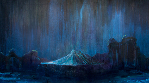 A dramatic landscape dominated by deep blues and dark tones depicts a luminous tent-like structure in the center, flanked by jagged rock formations and vertical streaking that suggests falling rain or atmospheric disturbance. The composition creates a sense of isolation and mystery through its moody palette and stark contrast between the glowing central form and the shadowed surrounding environment.