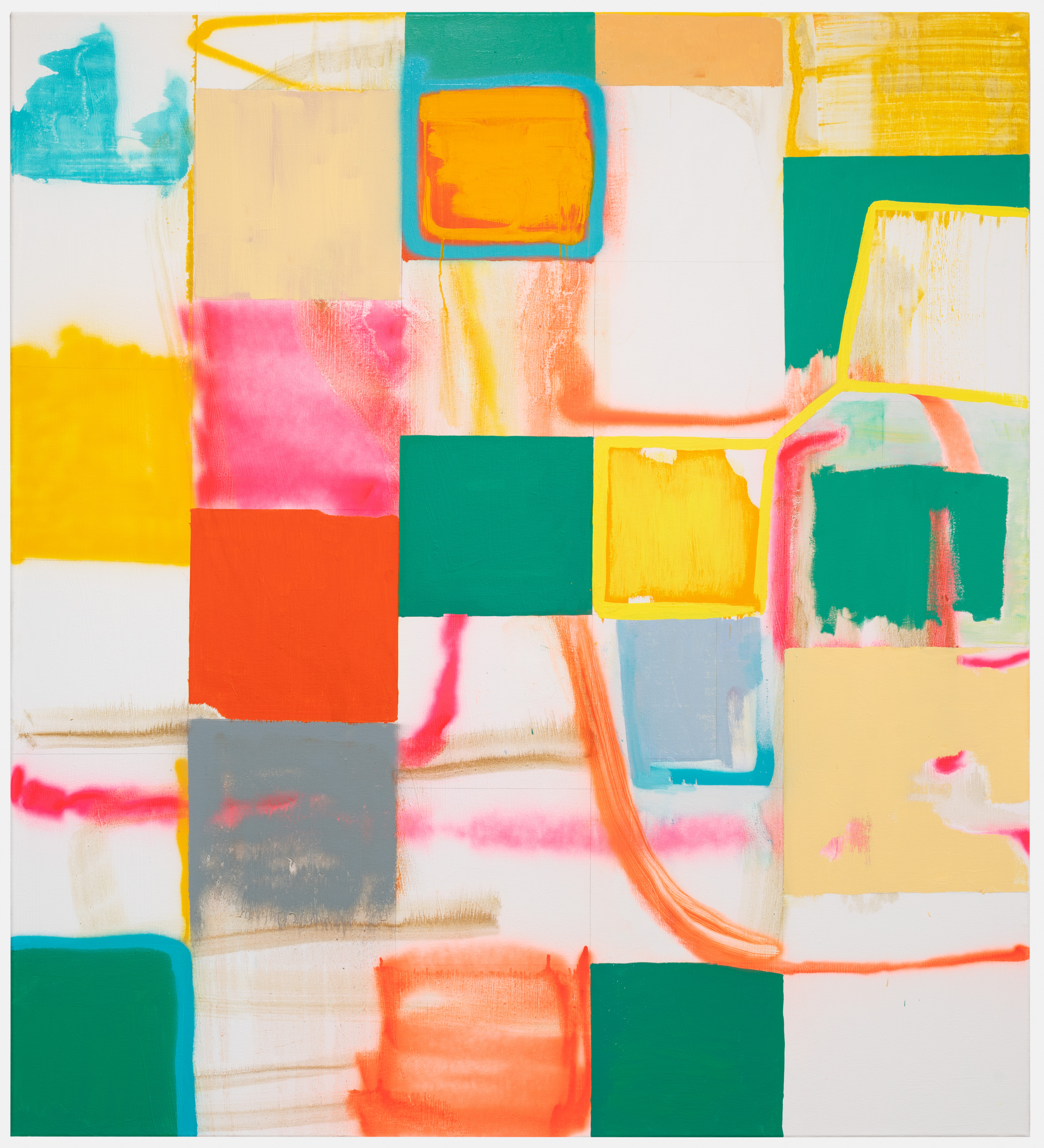 Abstract composition featuring overlapping rectangular forms in vibrant colors—teal, yellow, orange, pink, and gray—outlined in contrasting hues against a cream white background. Gestural brushstrokes and organic linear marks traverse the geometric shapes, creating a dynamic interplay between structured and expressive elements.