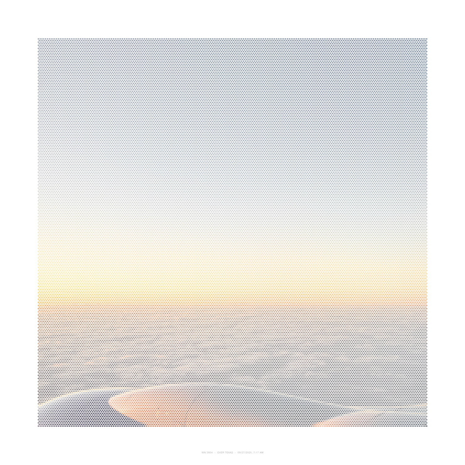 A large-scale abstract composition featuring a gradient dot pattern that transitions from cool blue-gray tones at the top through pale yellow in the center to warm peachy-orange and dusty rose hues toward the bottom, creating a subtle atmospheric effect across the square format.