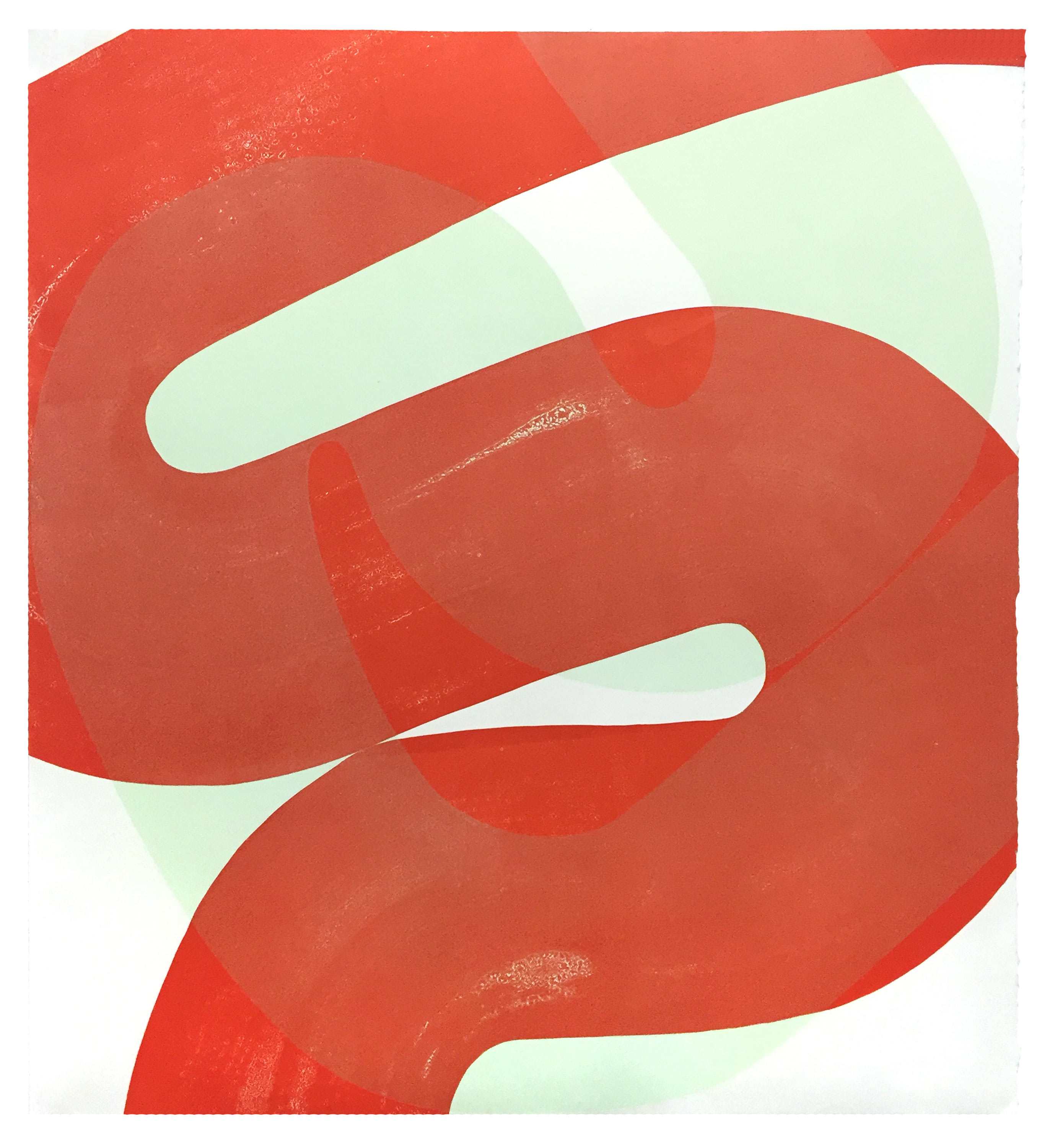 Abstract relief print in red and pale green featuring interlocking curved and angular forms that create a sense of movement and depth. The composition uses bold color contrast and layered organic shapes with subtle textural variations across the surface.