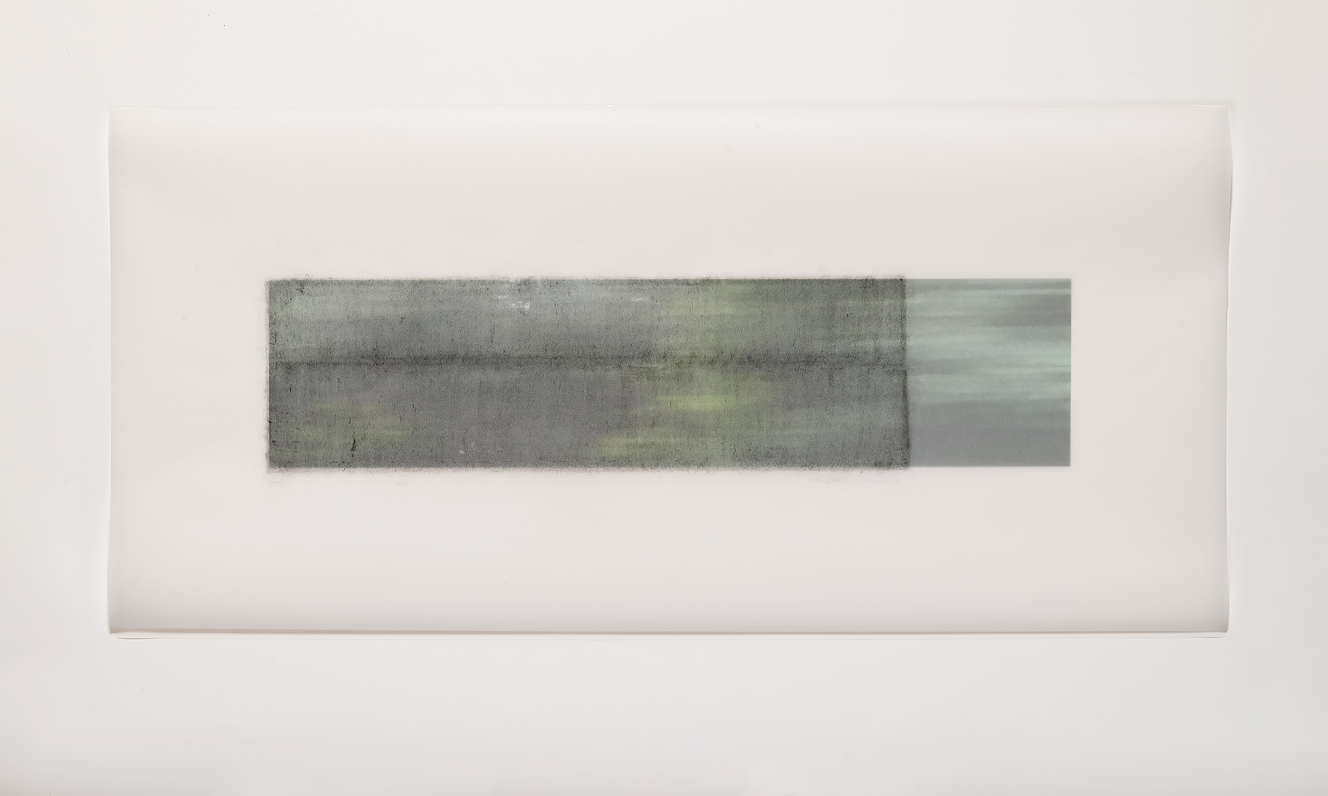 Horizontal rectangular composition featuring layered translucent bands of muted gray and green tones against a pale background, creating an atmospheric effect suggesting movement or water flow through overlapping planes.