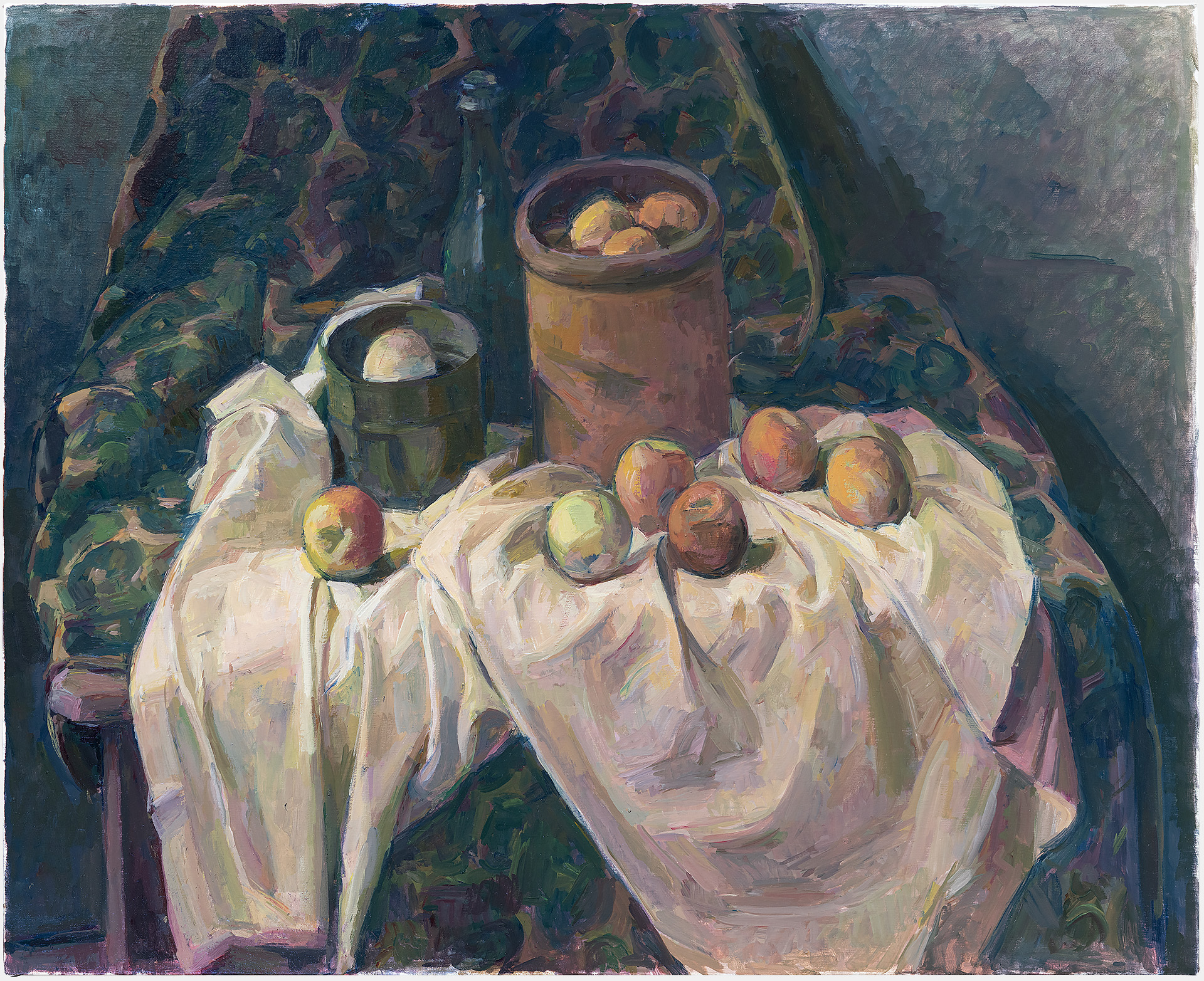 A still life composition featuring apples and vessels arranged on white drapery against a dark, richly patterned background. A ceramic pot and glass pitcher sit among scattered fruit, rendered in warm ochres and reds with loose, expressive brushwork that emphasizes the play of light and shadow across the fabric and objects.